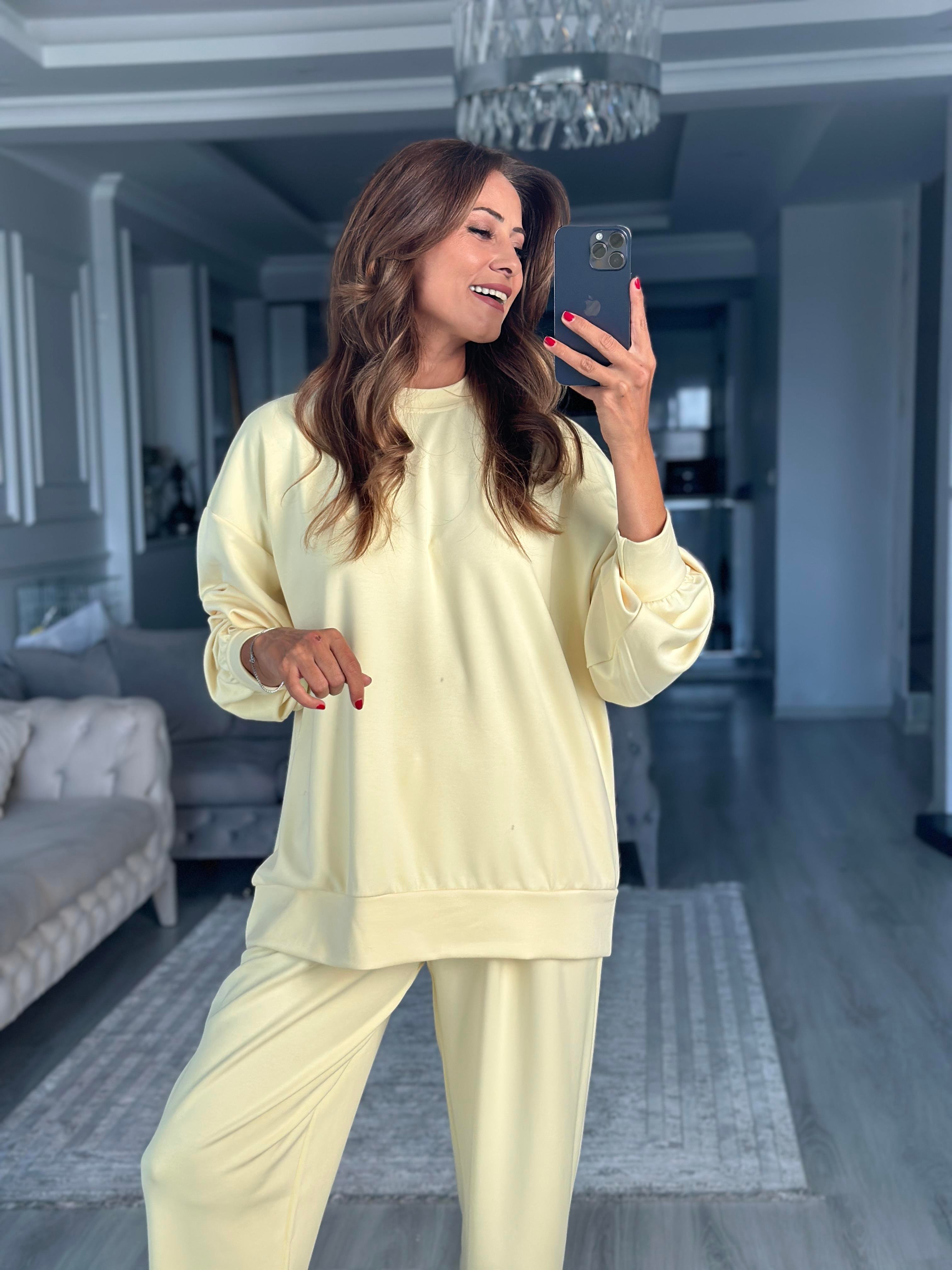 Sarı Oversize Bisiklet Yaka Sweatshirt Pantolon Kadın Alt Üst Takım