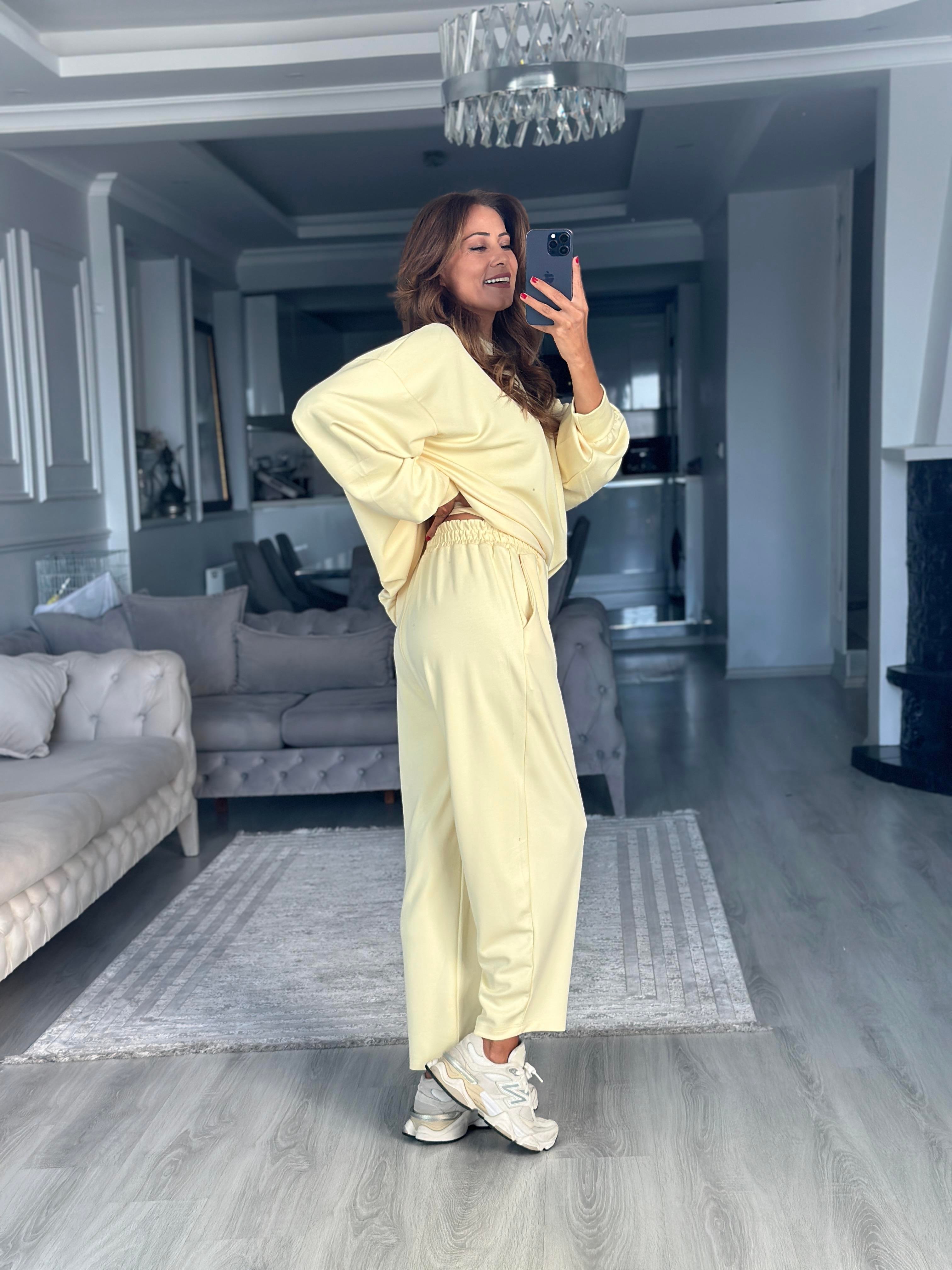 Sarı Oversize Bisiklet Yaka Sweatshirt Pantolon Kadın Alt Üst Takım