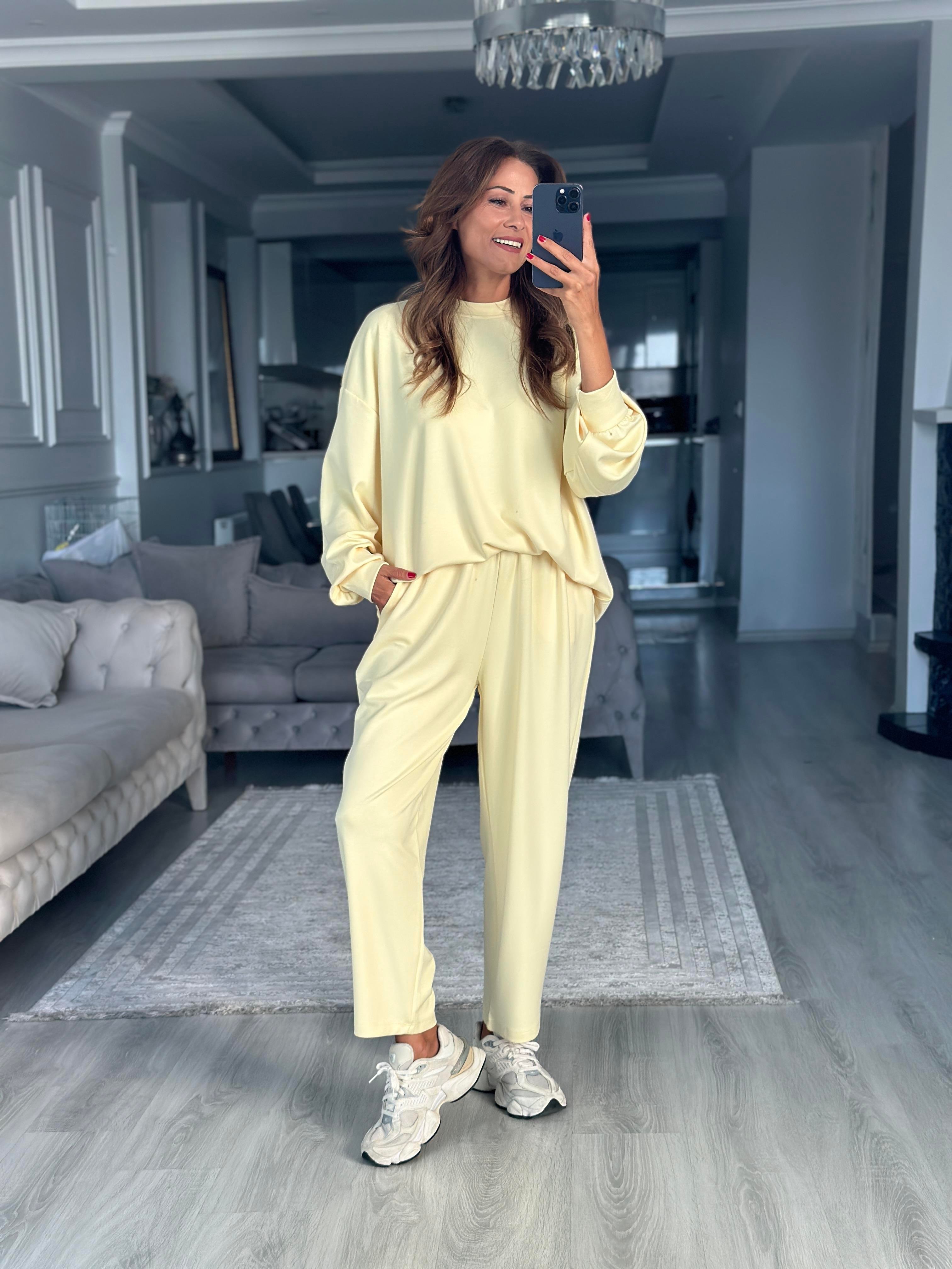 Sarı Oversize Bisiklet Yaka Sweatshirt Pantolon Kadın Alt Üst Takım