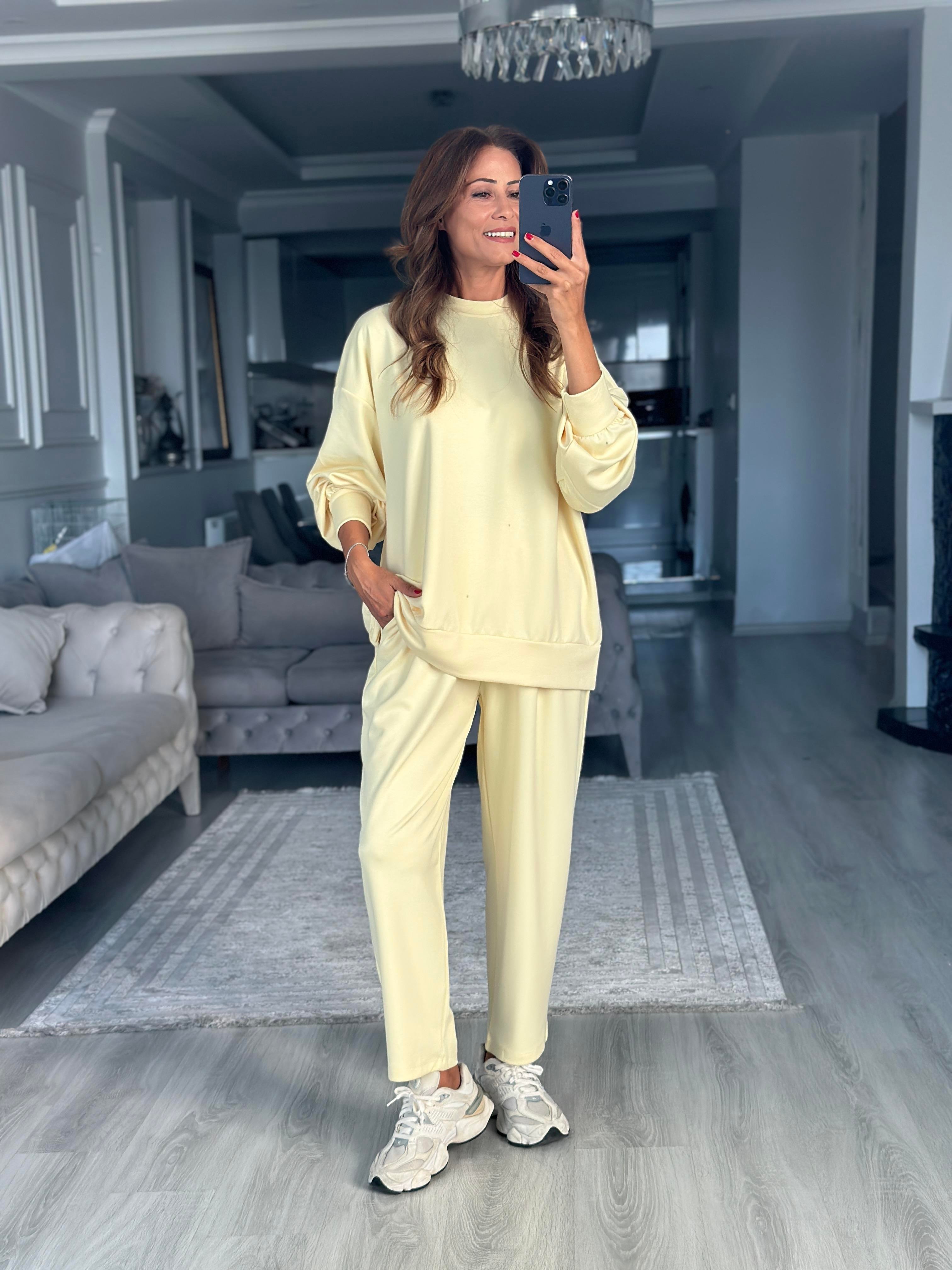Sarı Oversize Bisiklet Yaka Sweatshirt Pantolon Kadın Alt Üst Takım