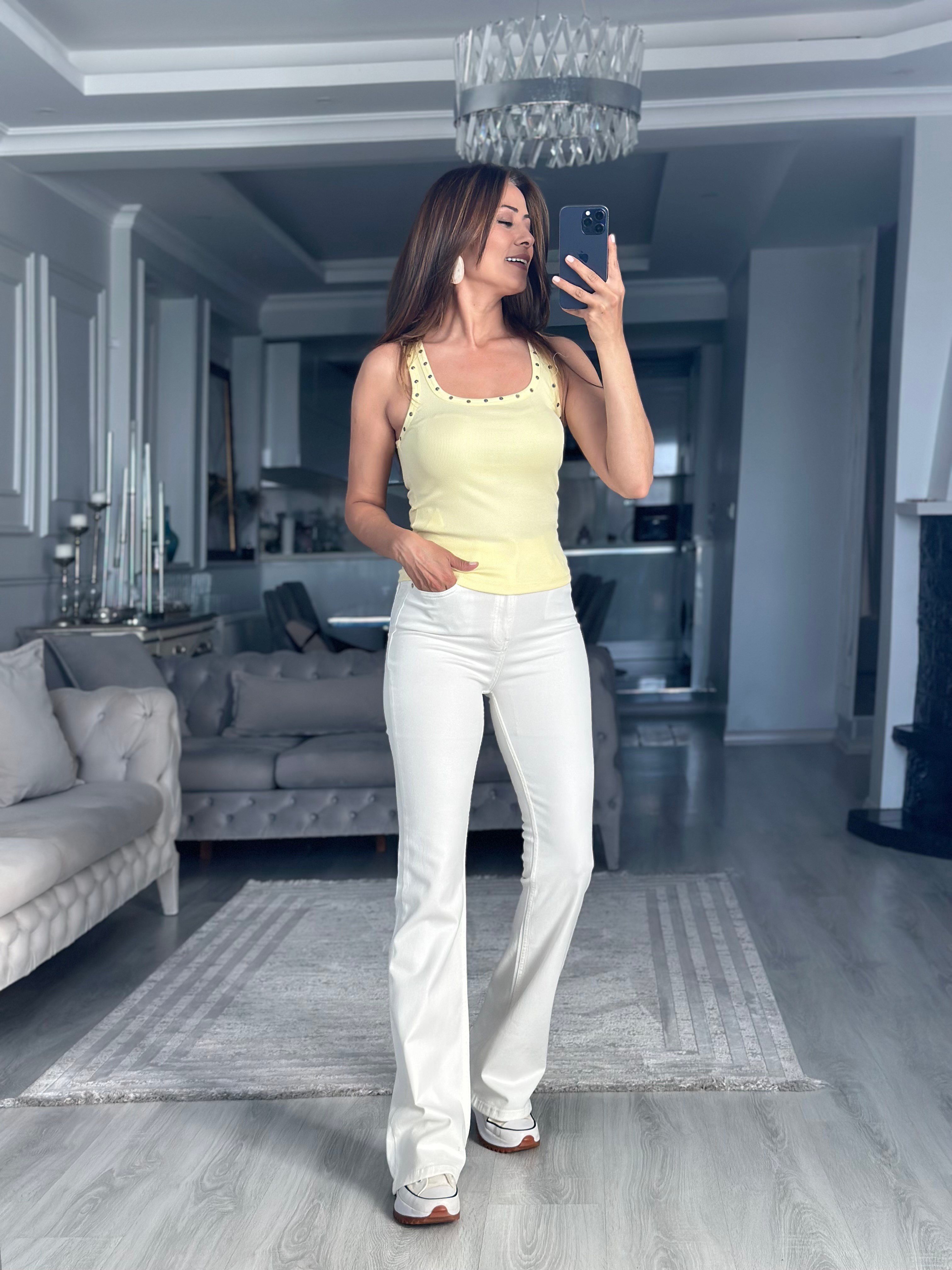 Sarı Perçin Detaylı U Yaka Kadın Body