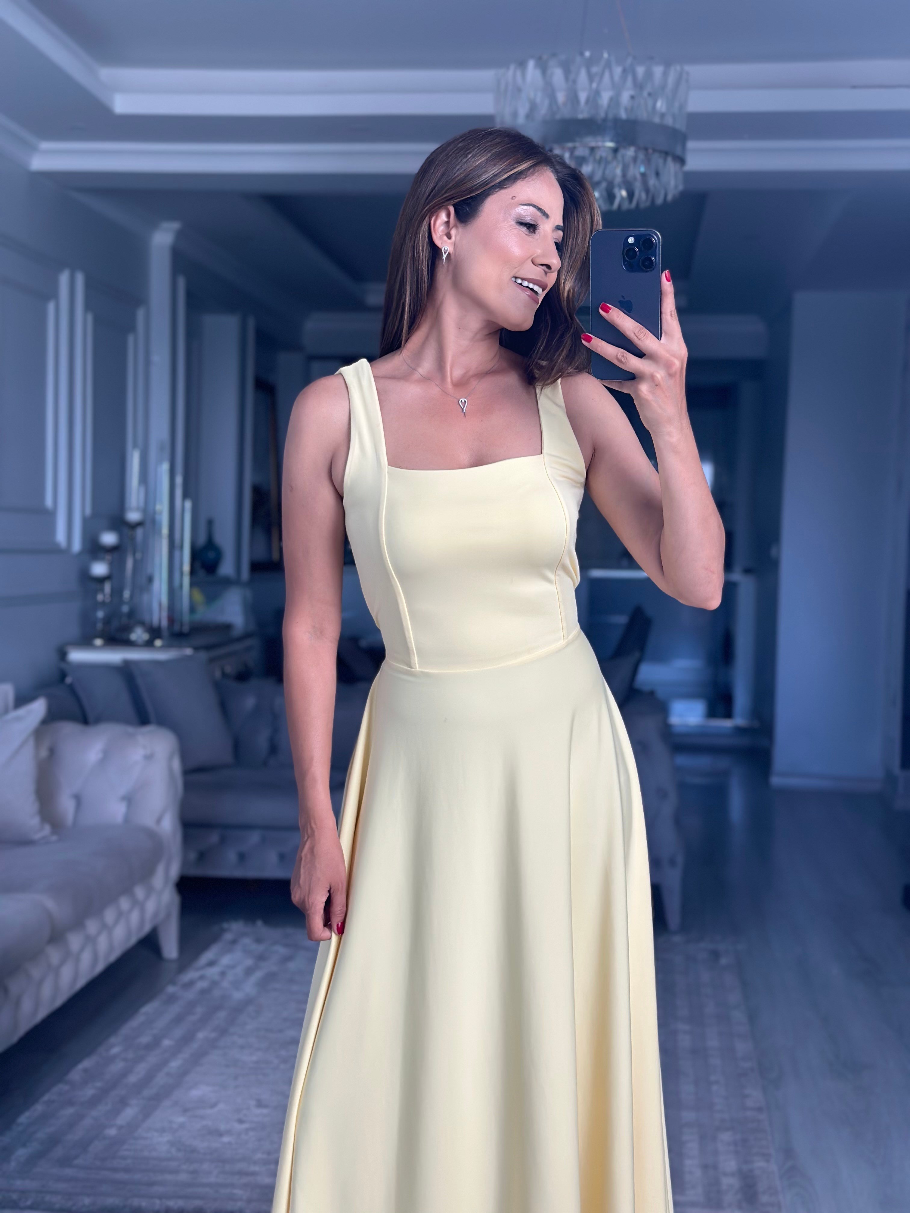 Sarı Scuba Bağlama Detay Maxi Boy Kadın Elbise 