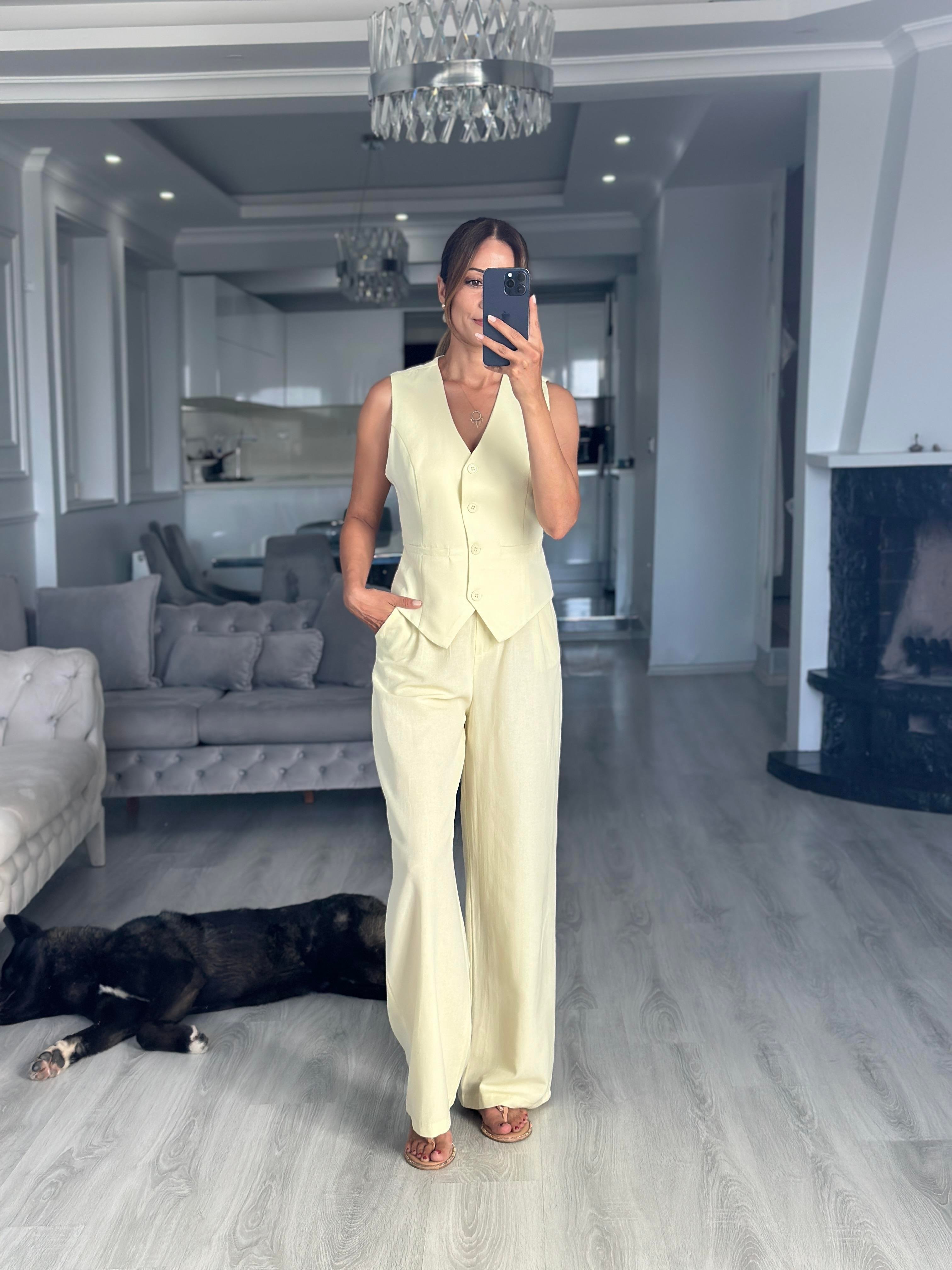 Sarı Terni Yelek Pantolon Kadın Keten Alt Üst Takım