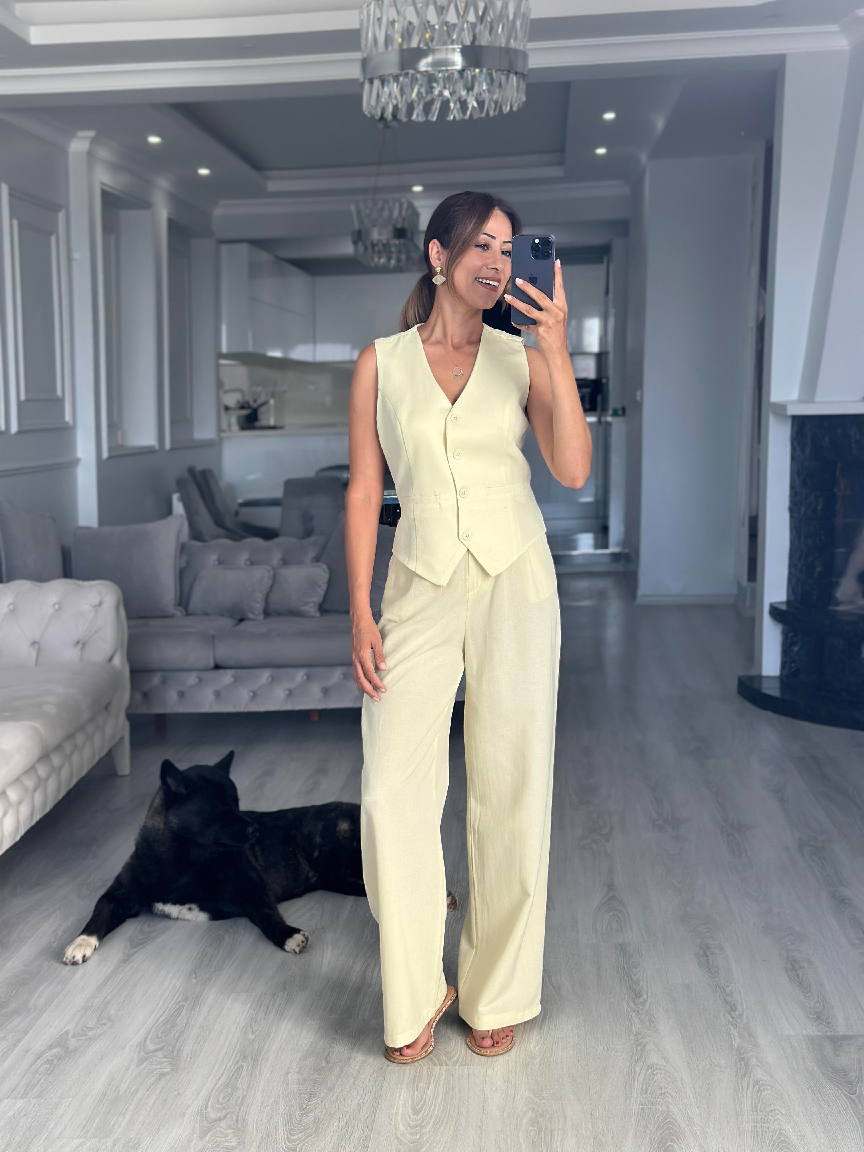 Sarı Terni Yelek Pantolon Kadın Keten Alt Üst Takım