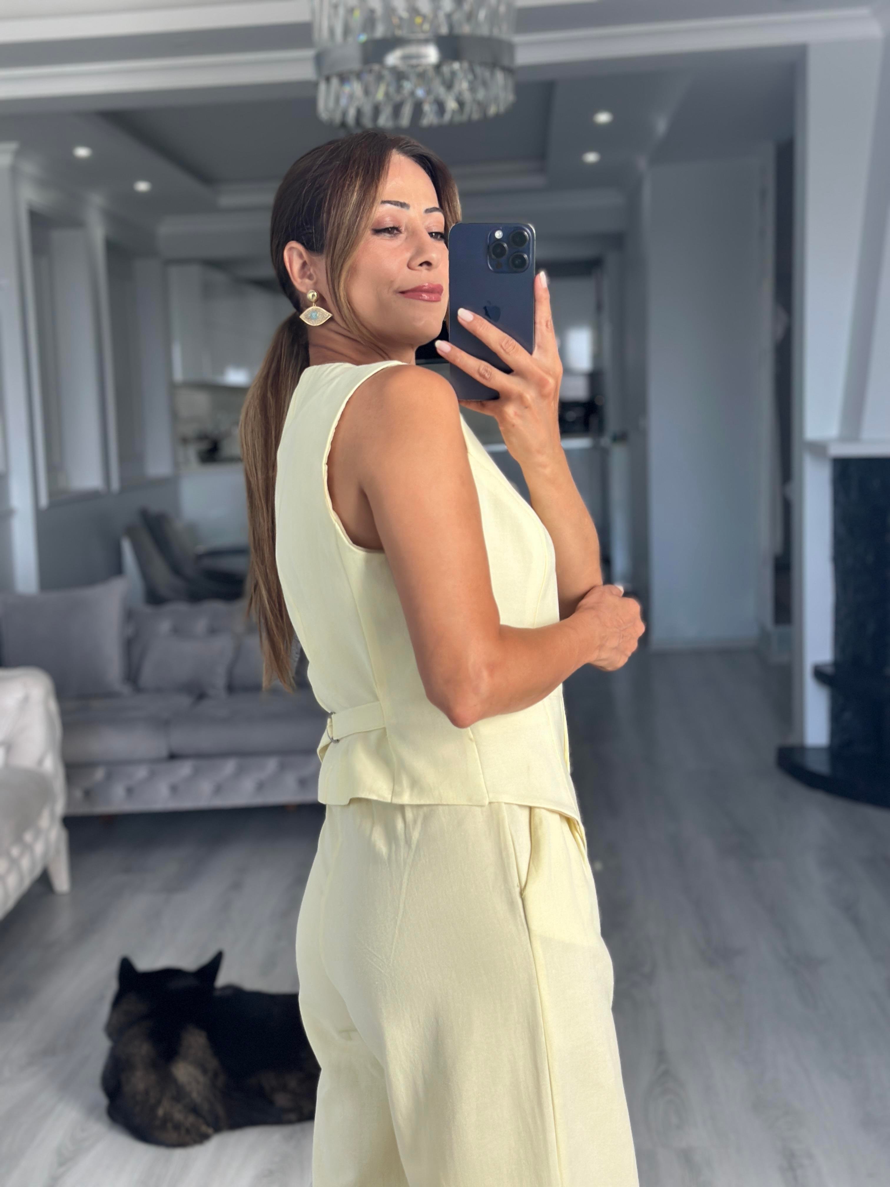 Sarı Terni Yelek Pantolon Kadın Keten Alt Üst Takım