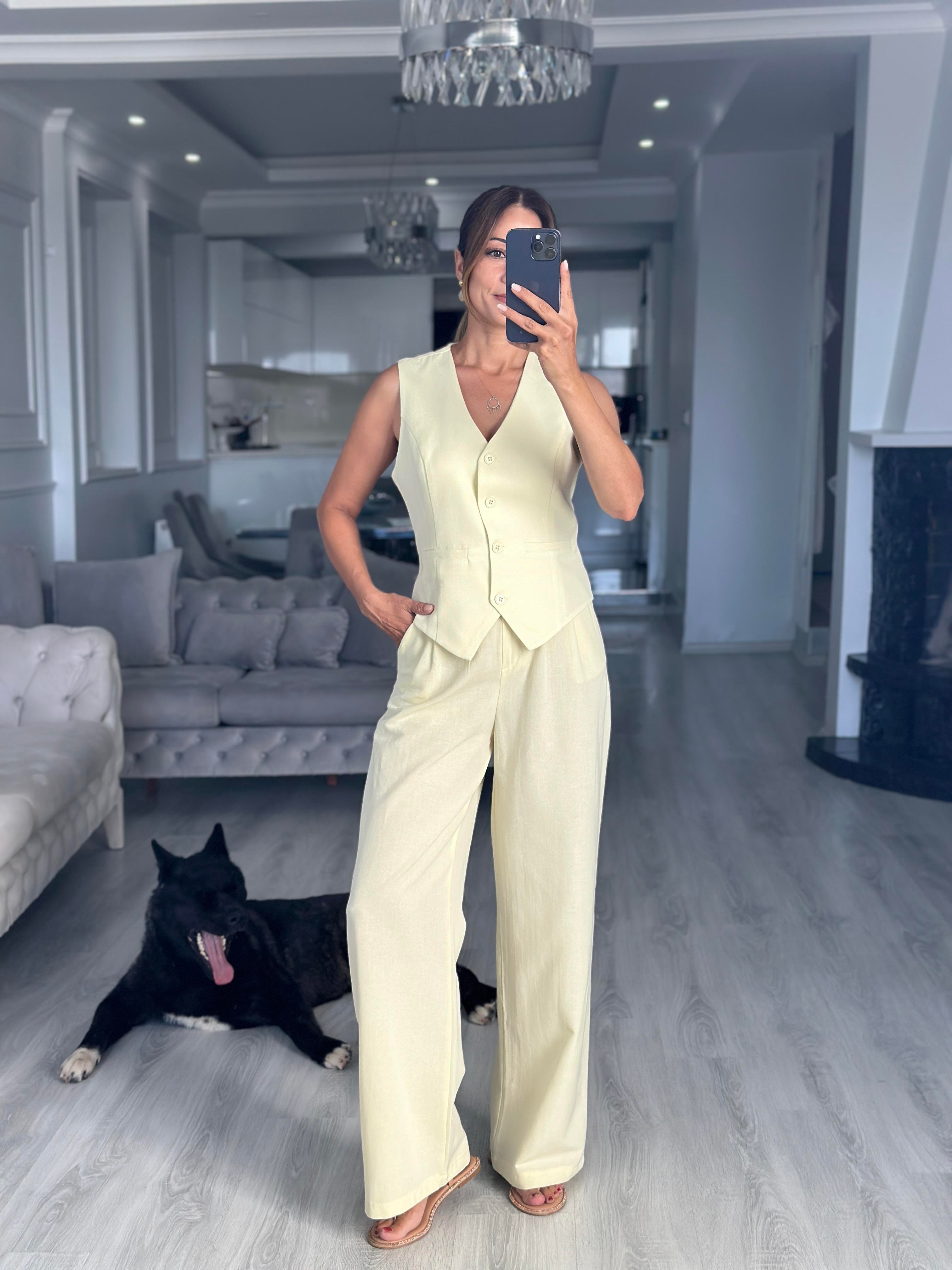 Sarı Terni Yelek Pantolon Kadın Keten Alt Üst Takım