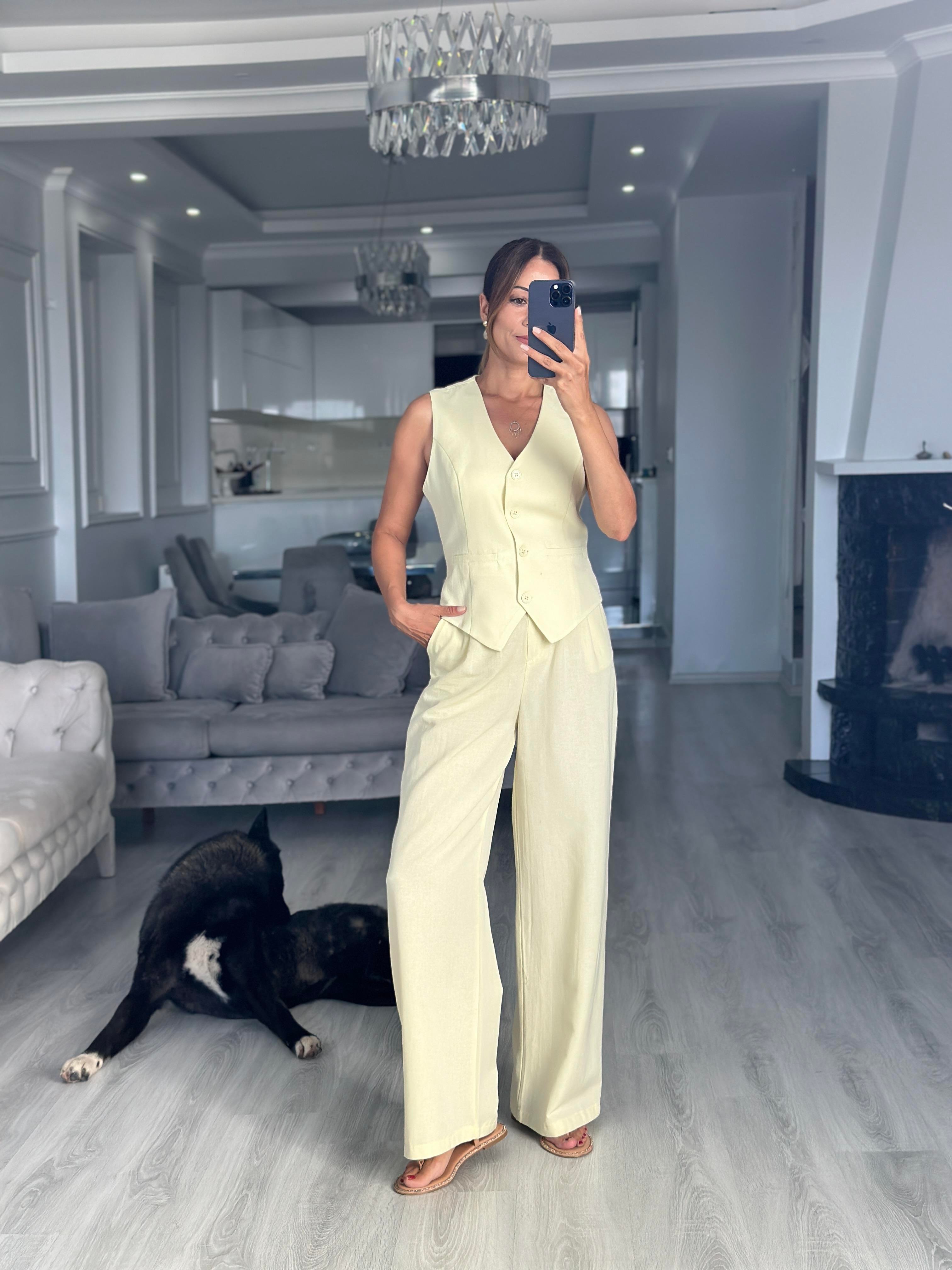 Sarı Terni Yelek Pantolon Kadın Keten Alt Üst Takım