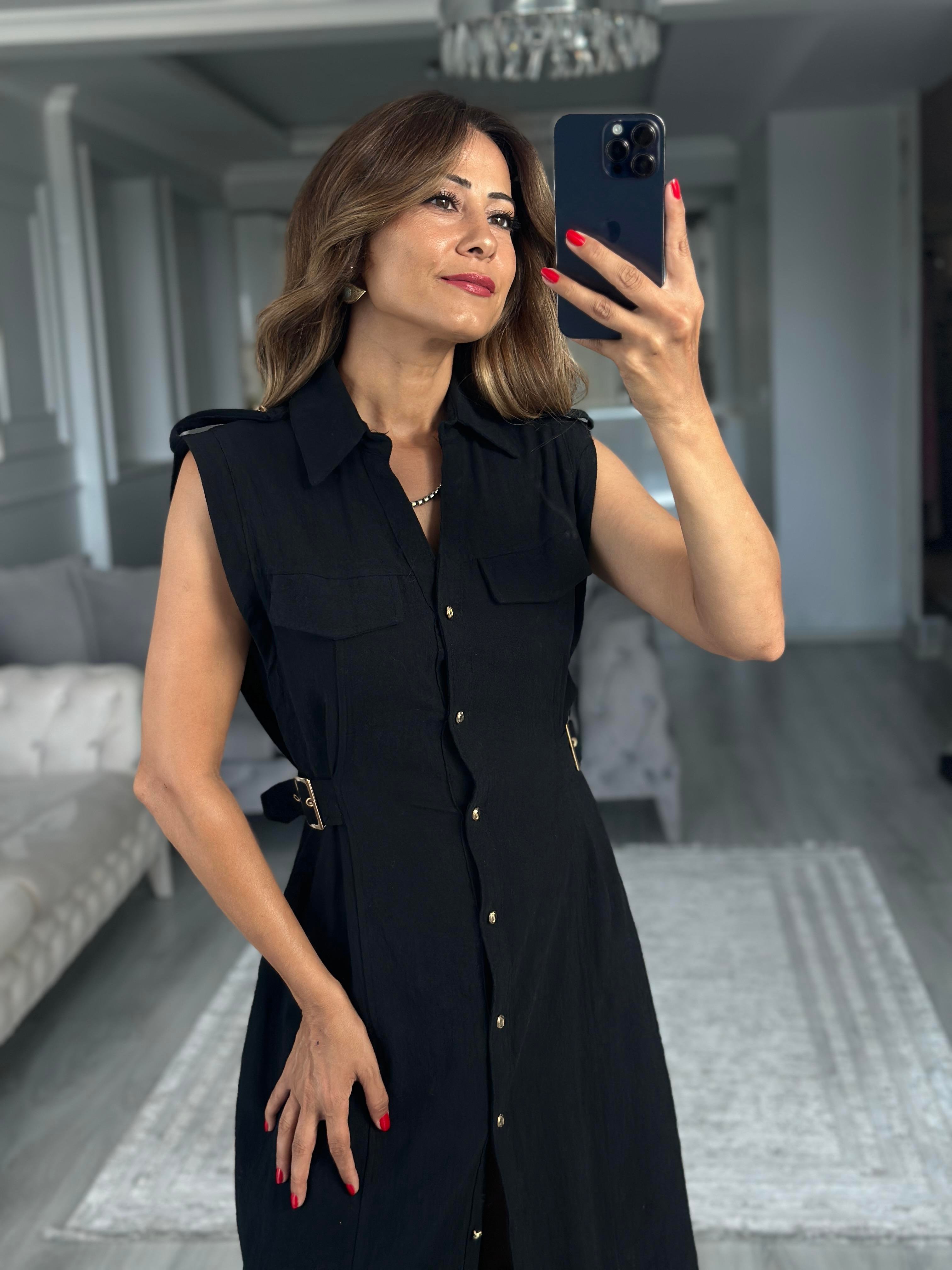 Siyah Apoletli Sıfır Kol Midi Boy Kadın Gömlek Elbise