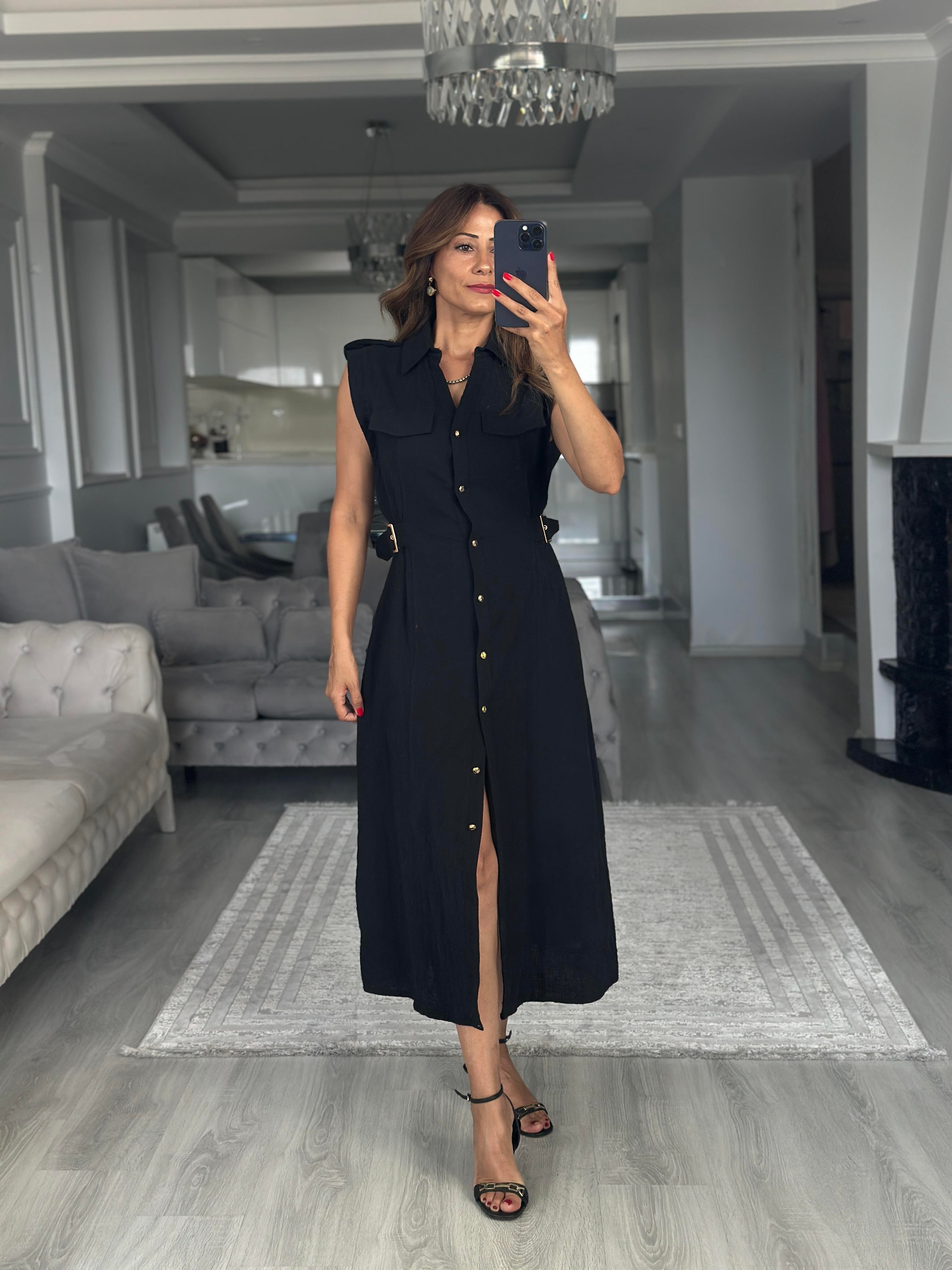 Siyah Apoletli Sıfır Kol Midi Boy Kadın Gömlek Elbise