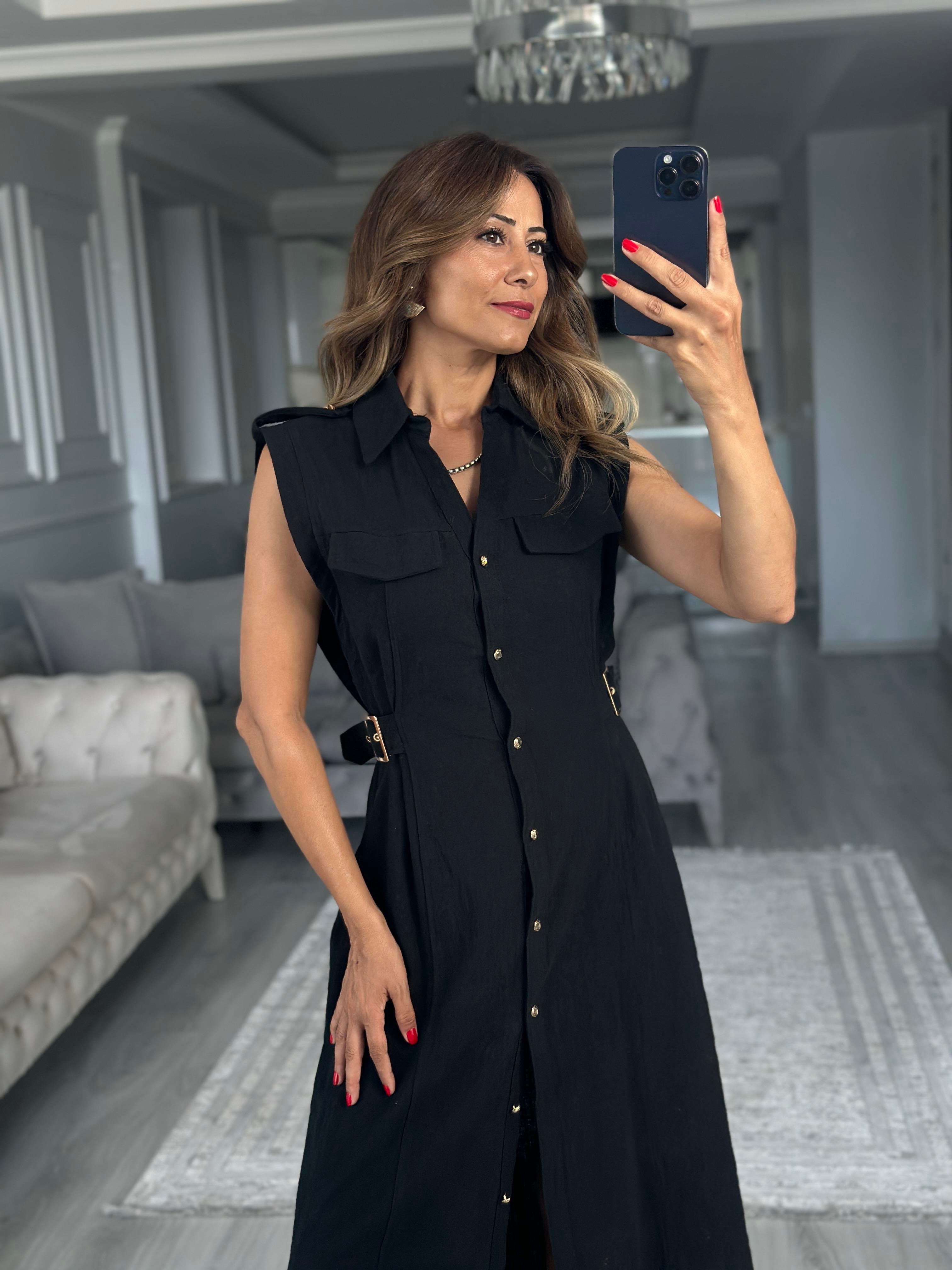 Siyah Apoletli Sıfır Kol Midi Boy Kadın Gömlek Elbise