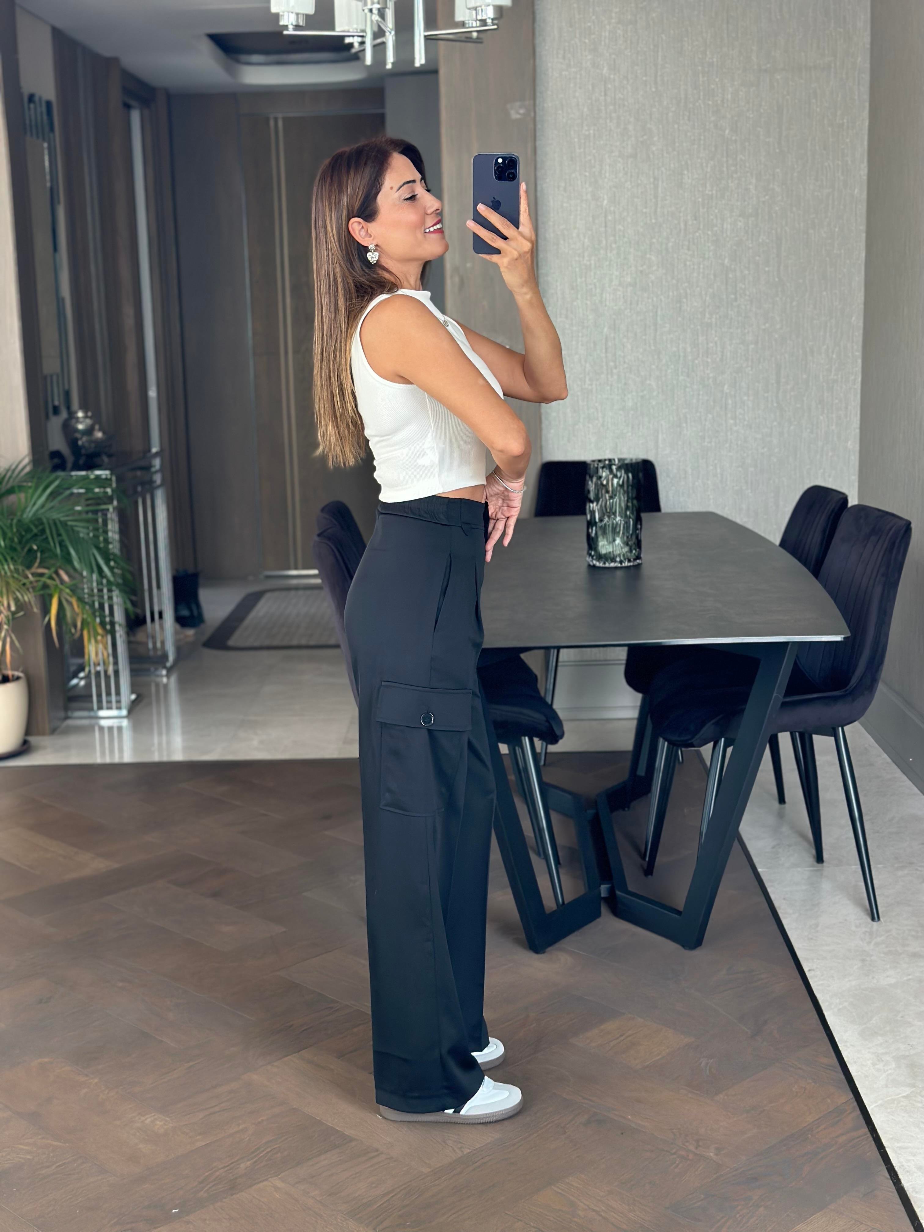 Siyah Arka Beli Lastikli Kargo Cepli Kadın Pantolon