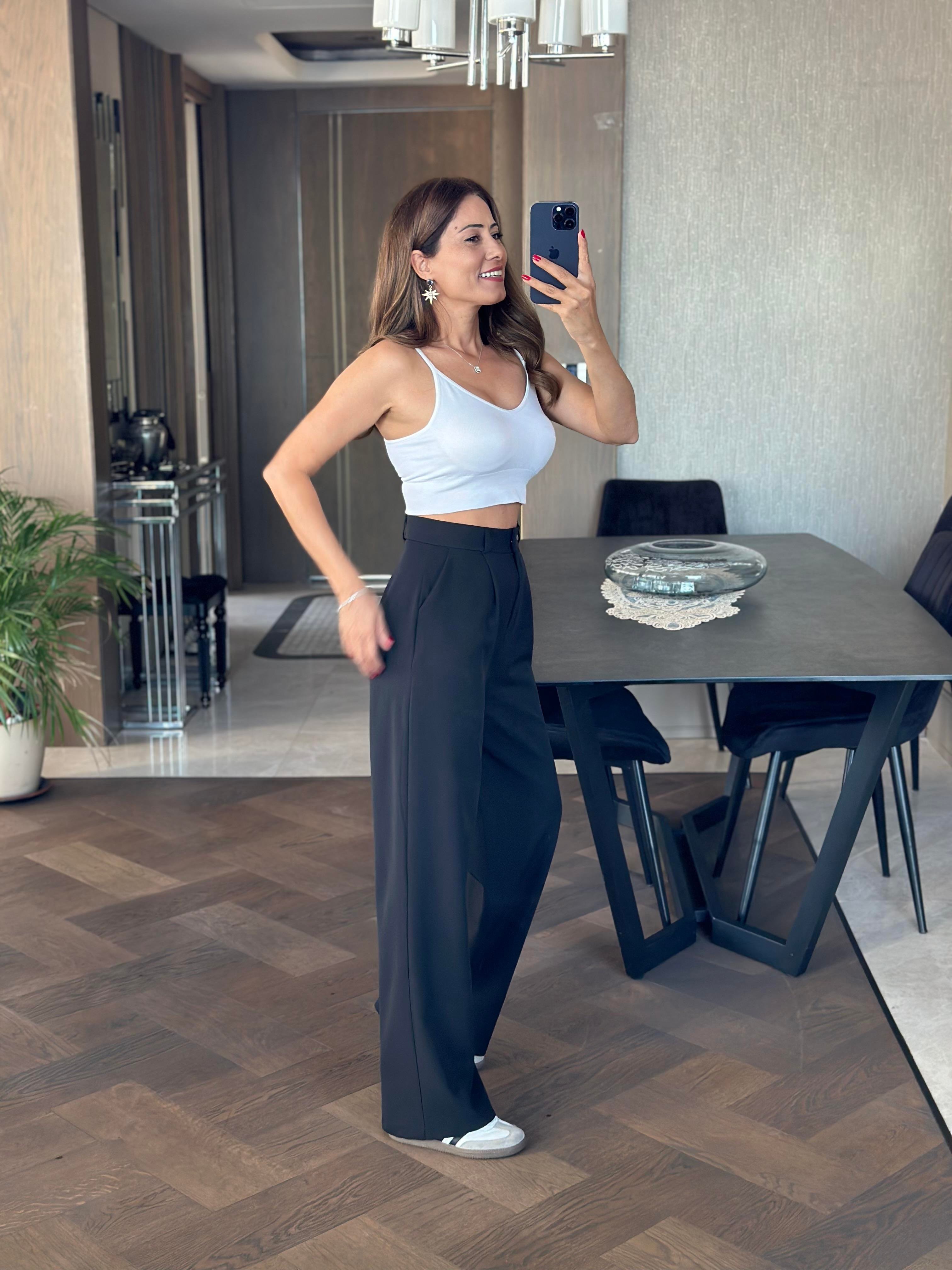 Siyah Atlas Kumaş Orjinal Marka Palazzo Kadın Pantolon