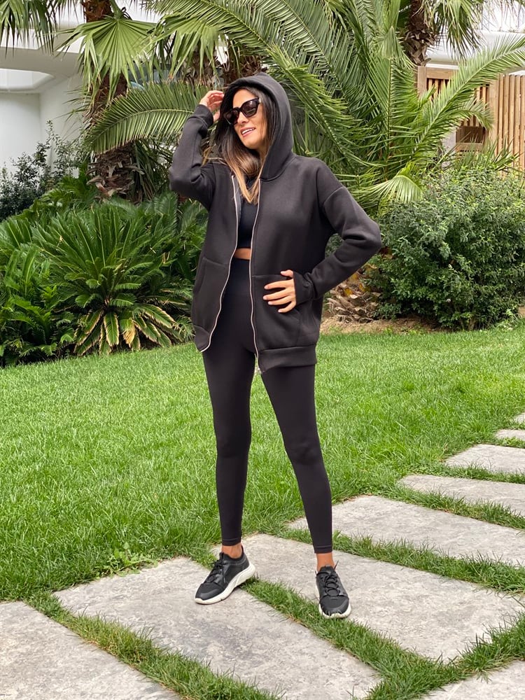 Siyah  Basic Kapüşonlu Fermuarlı Kadın Sweatshirt