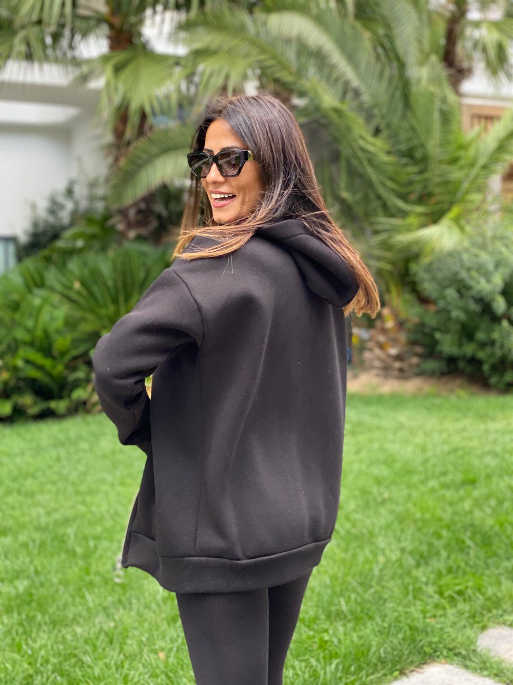 Siyah  Basic Kapüşonlu Fermuarlı Kadın Sweatshirt