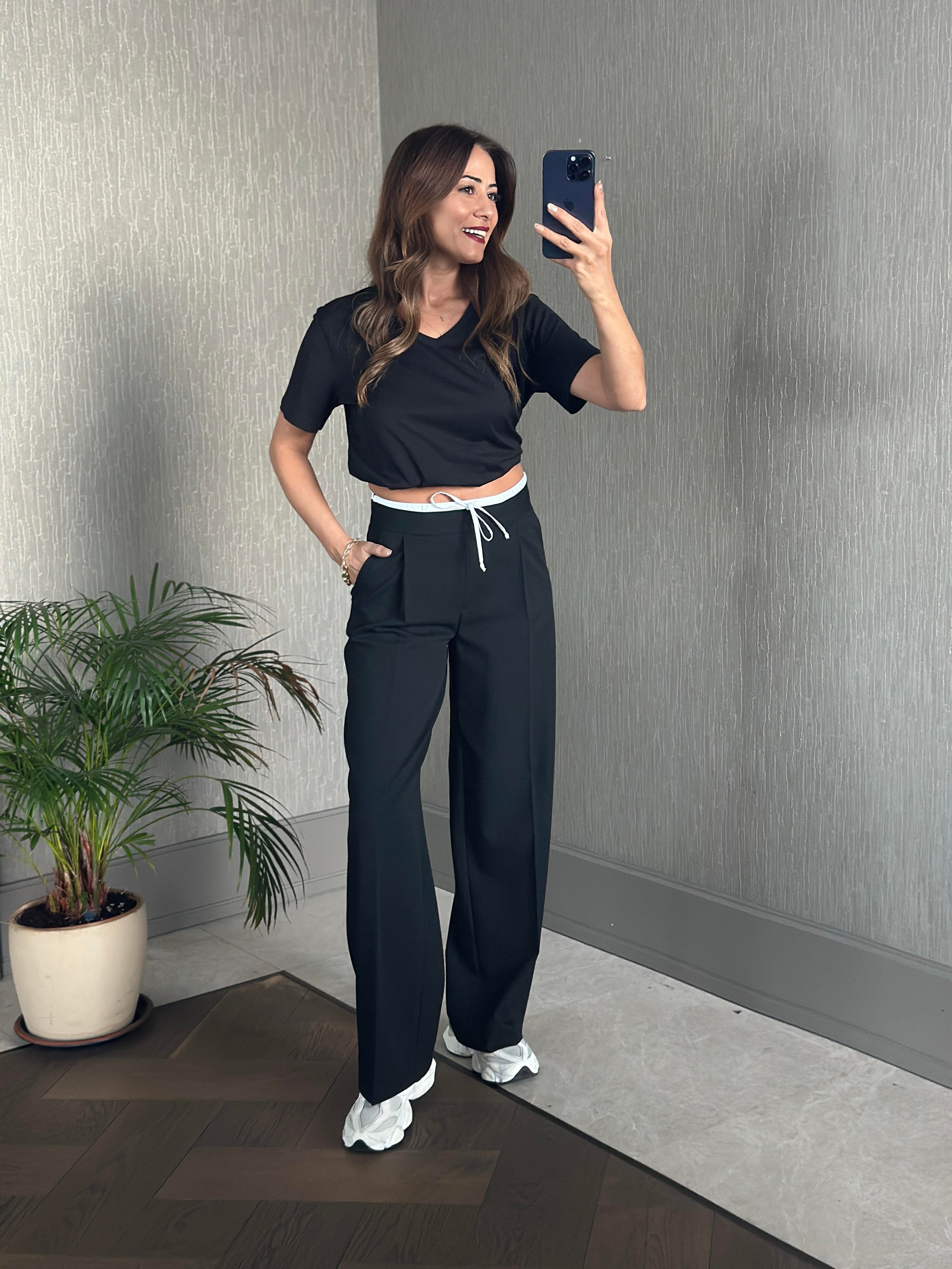 Siyah Beli Beyaz Garnili Yanı Fermuarlı Kumaş Kadın Pantolon