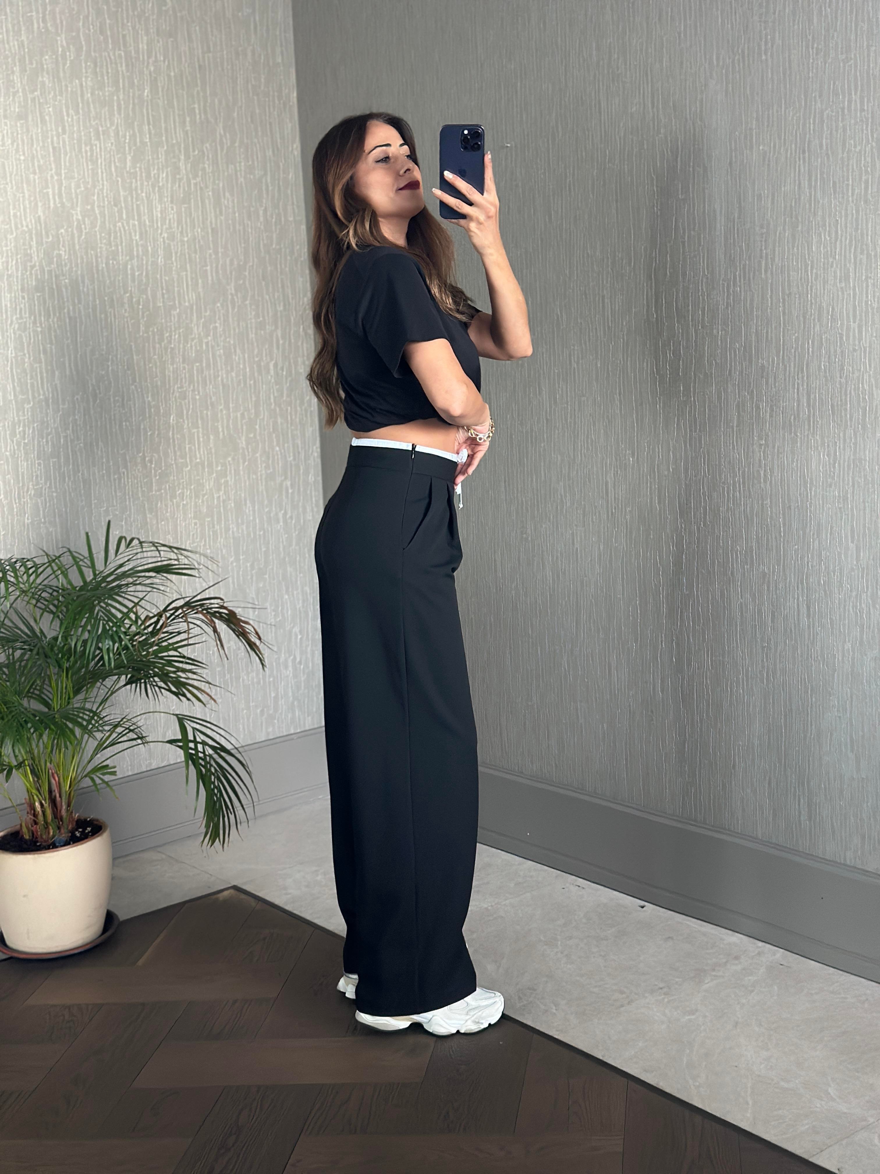 Siyah Beli Beyaz Garnili Yanı Fermuarlı Kumaş Kadın Pantolon