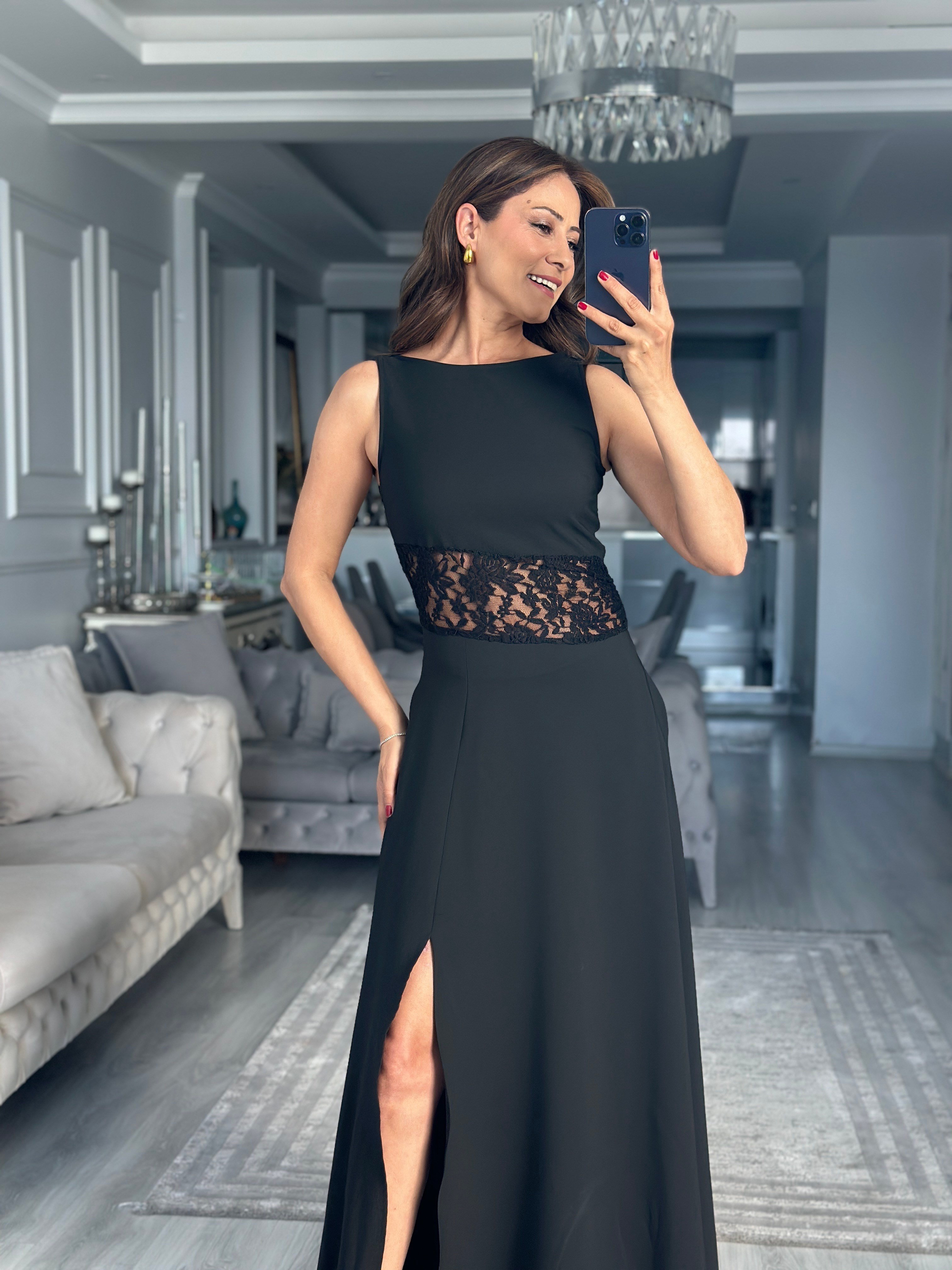 Siyah Beli Dantel Detaylı Maxi Boy Kadın Elbise