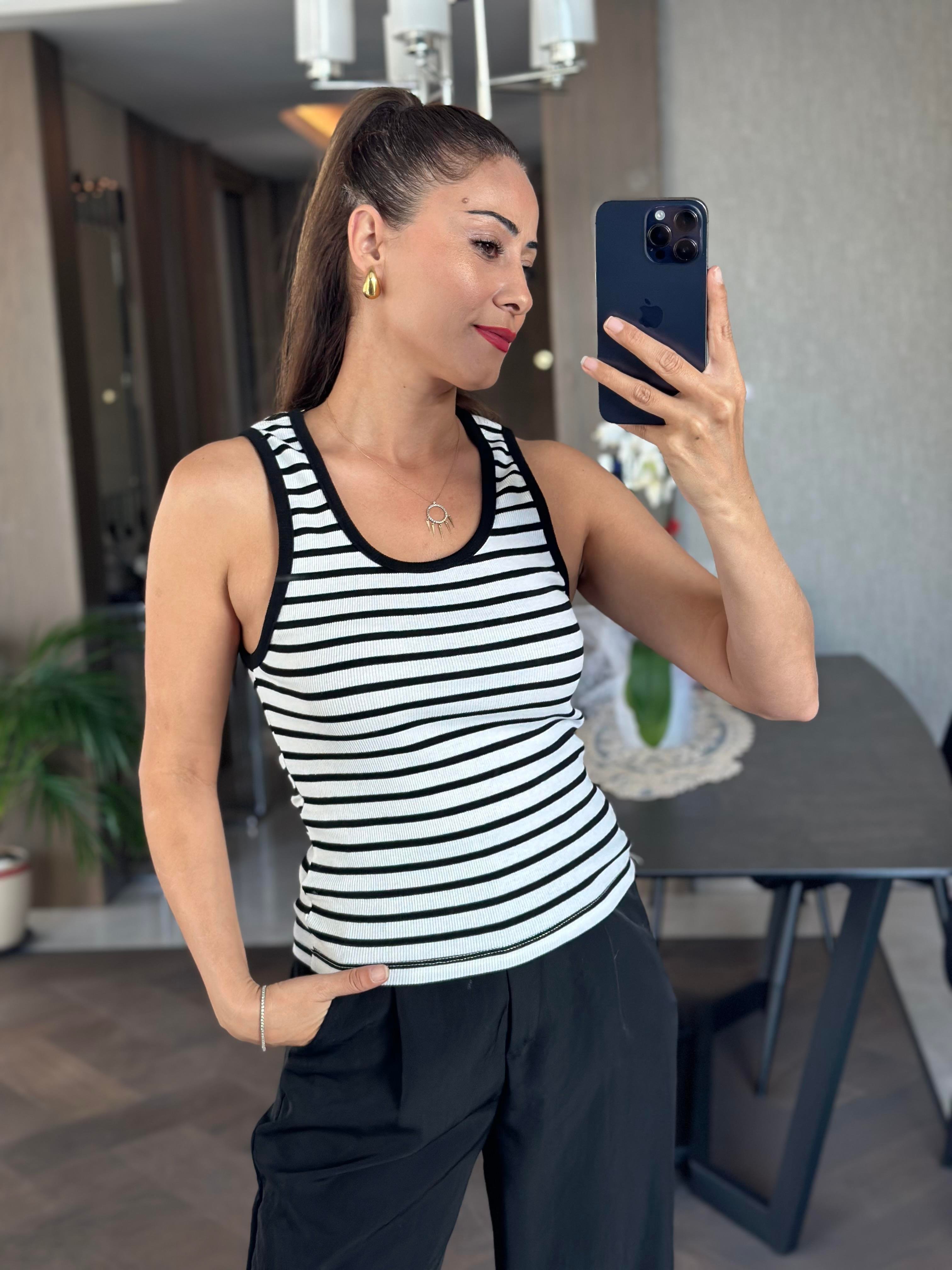 Siyah Beyaz Çizgili U Yaka Sıfır Kol Fitilli Kaşkorse  Kadın Body