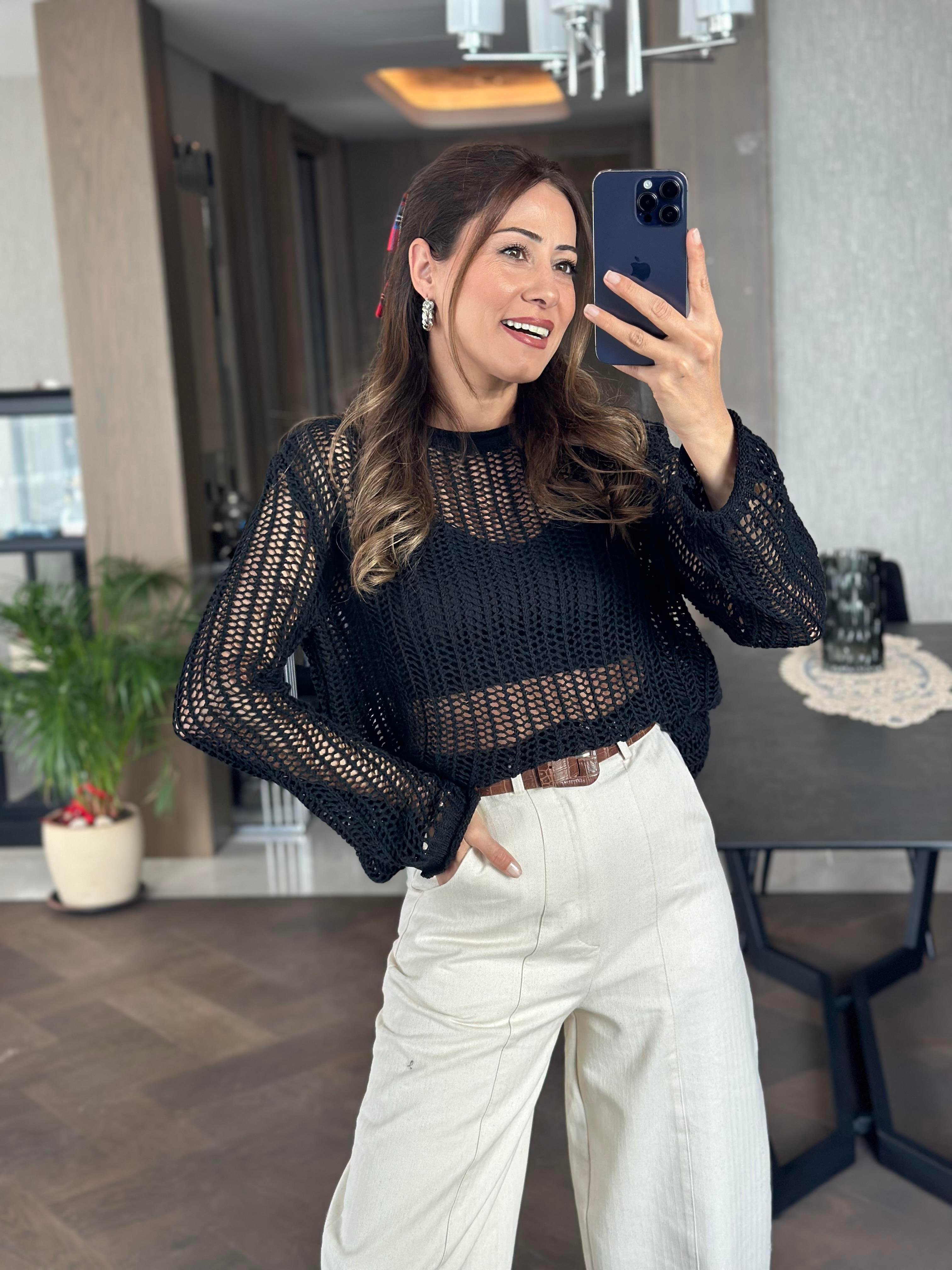 Siyah Bisiklet Yaka File Örgü Triko Kadın Crop Bluz