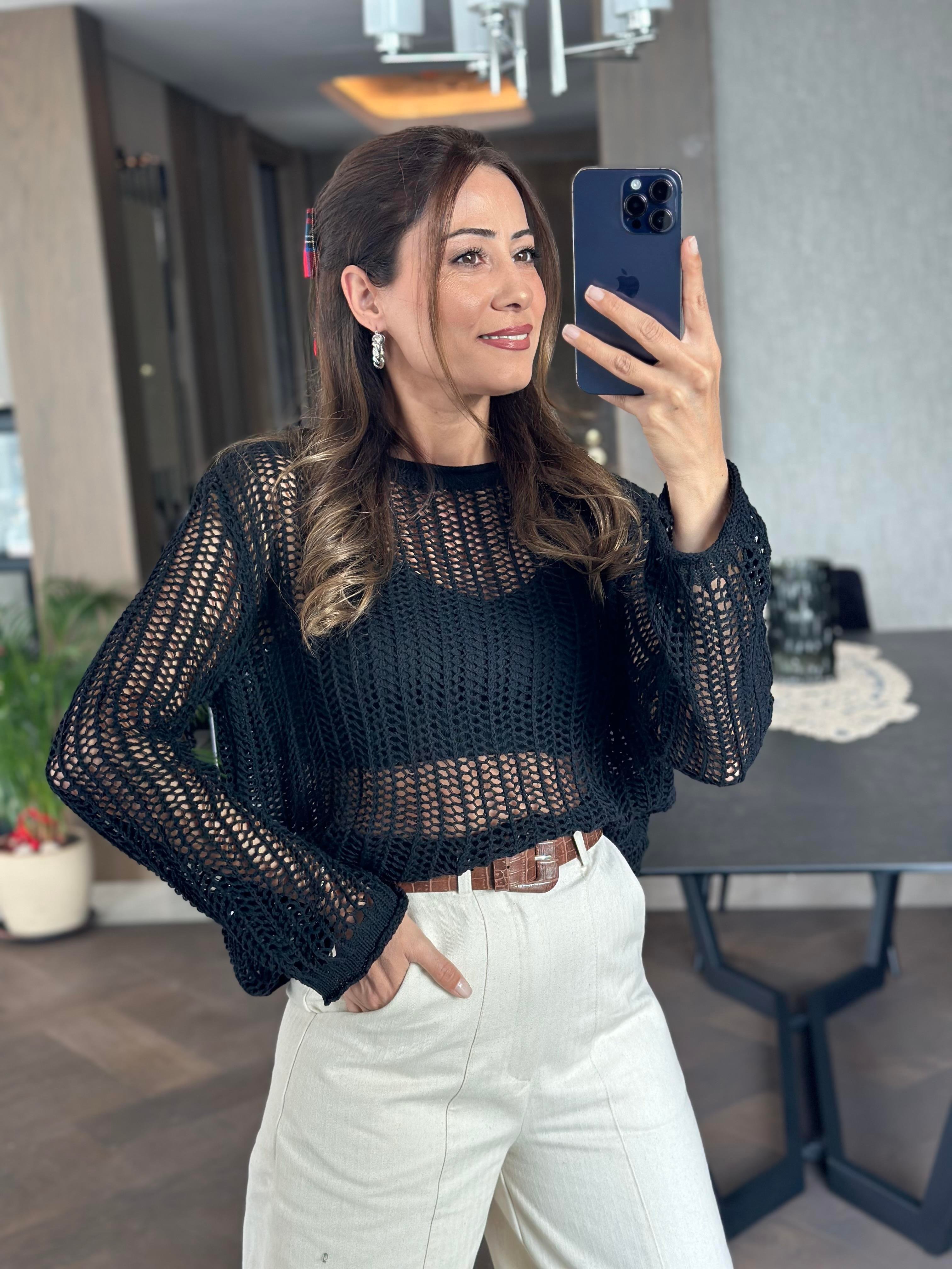 Siyah Bisiklet Yaka File Örgü Triko Kadın Crop Bluz