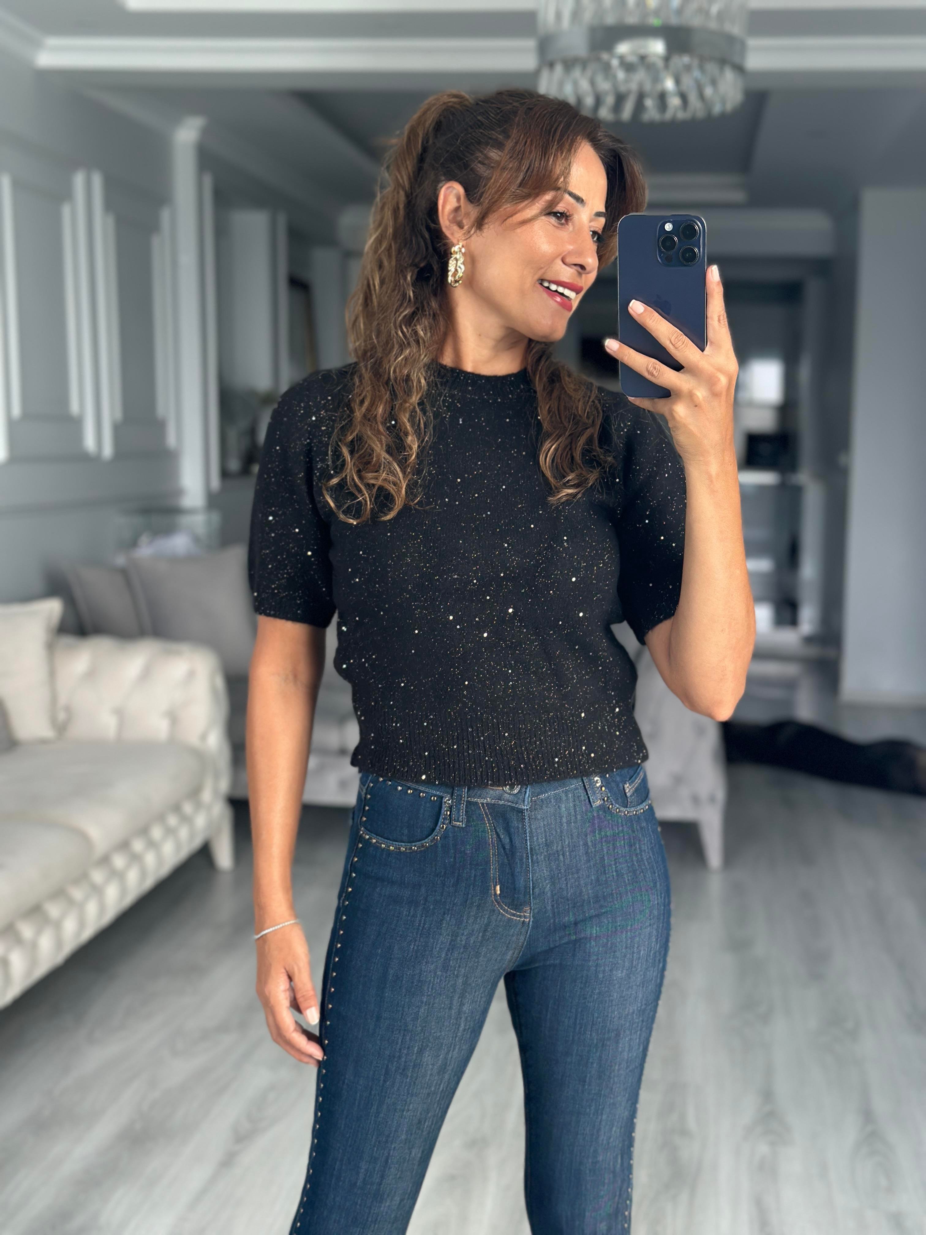 Siyah Bisiklet Yaka Kısa Kol Pullu Simli Kadın Kazak