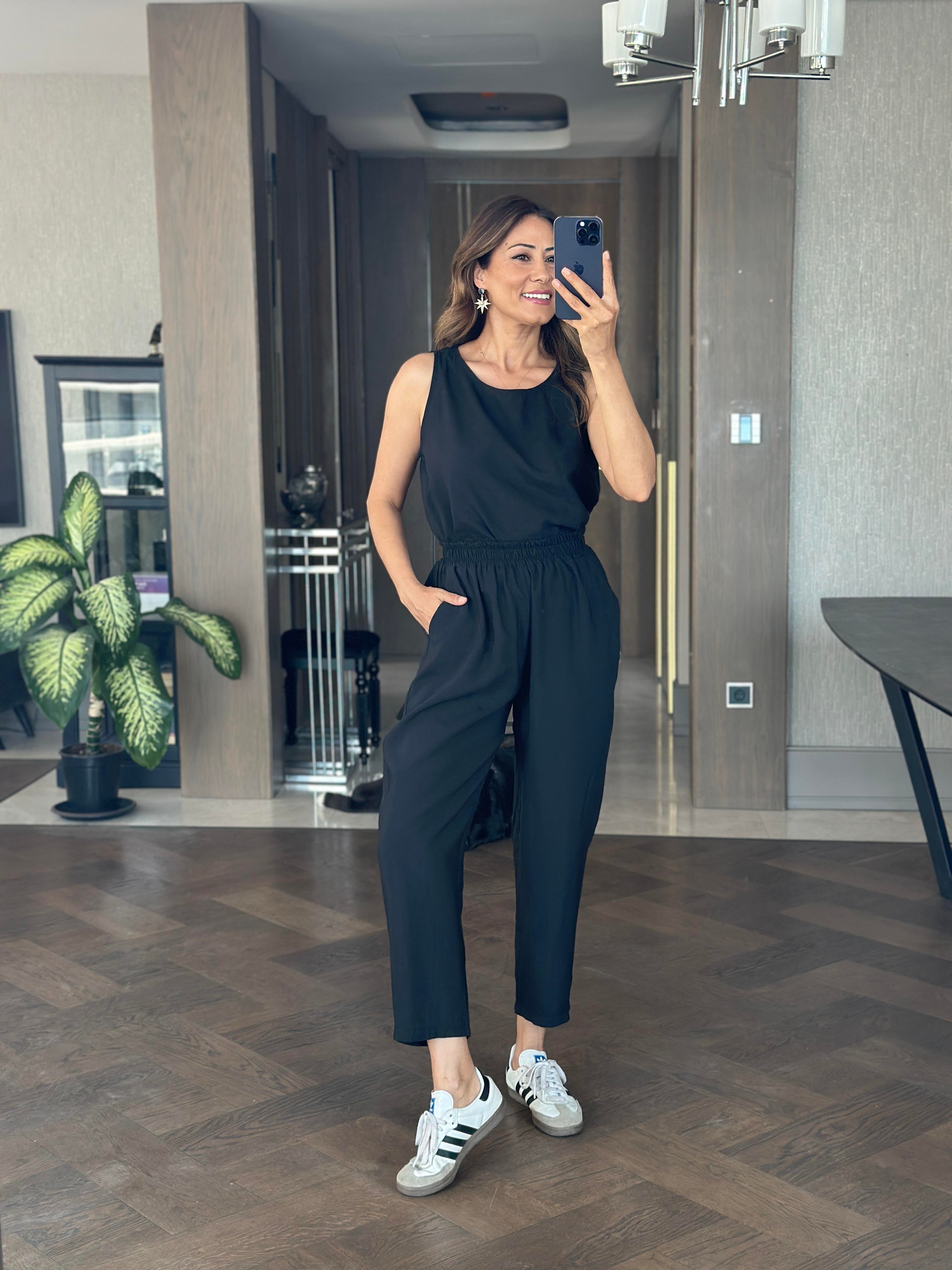 Siyah Bisiklet Yaka Sıfır Kol Bluz Pantolon Tnsl Alt Üst Takım