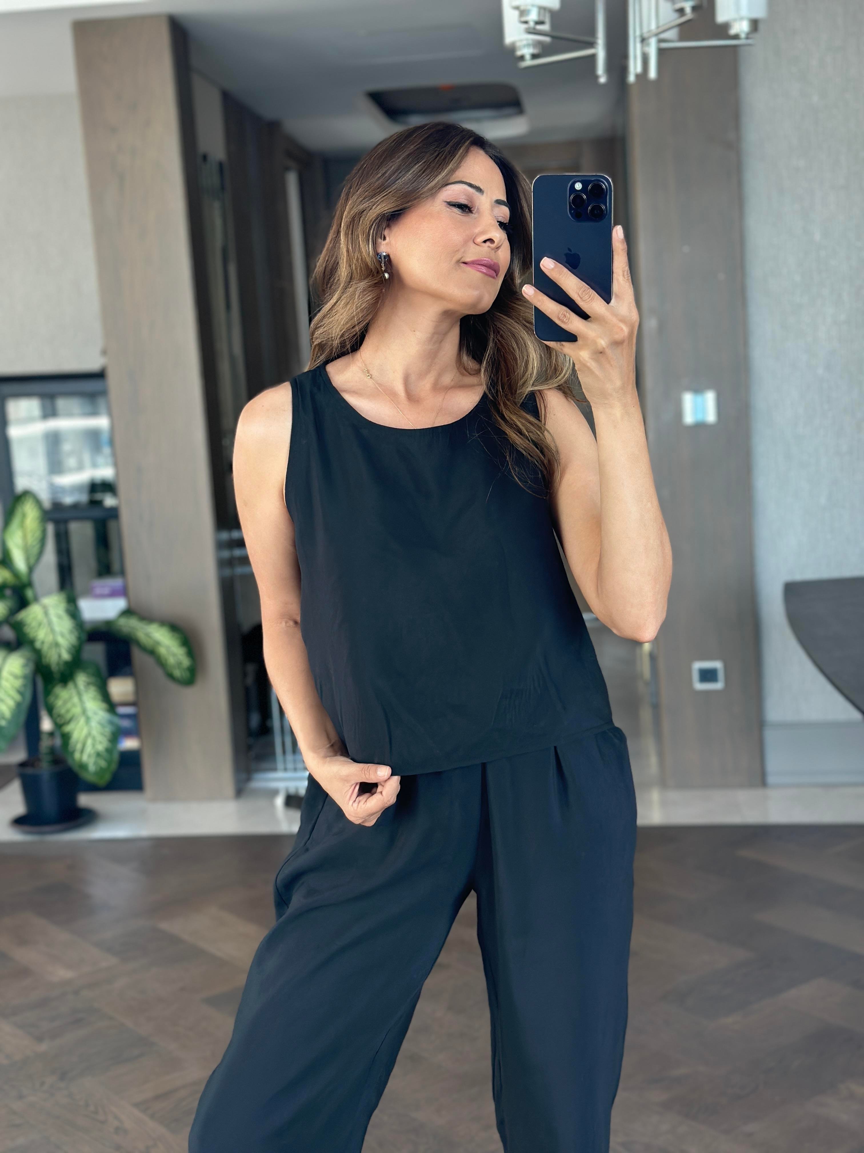 Siyah Bisiklet Yaka Sıfır Kol Bluz Pantolon Tnsl Alt Üst Takım