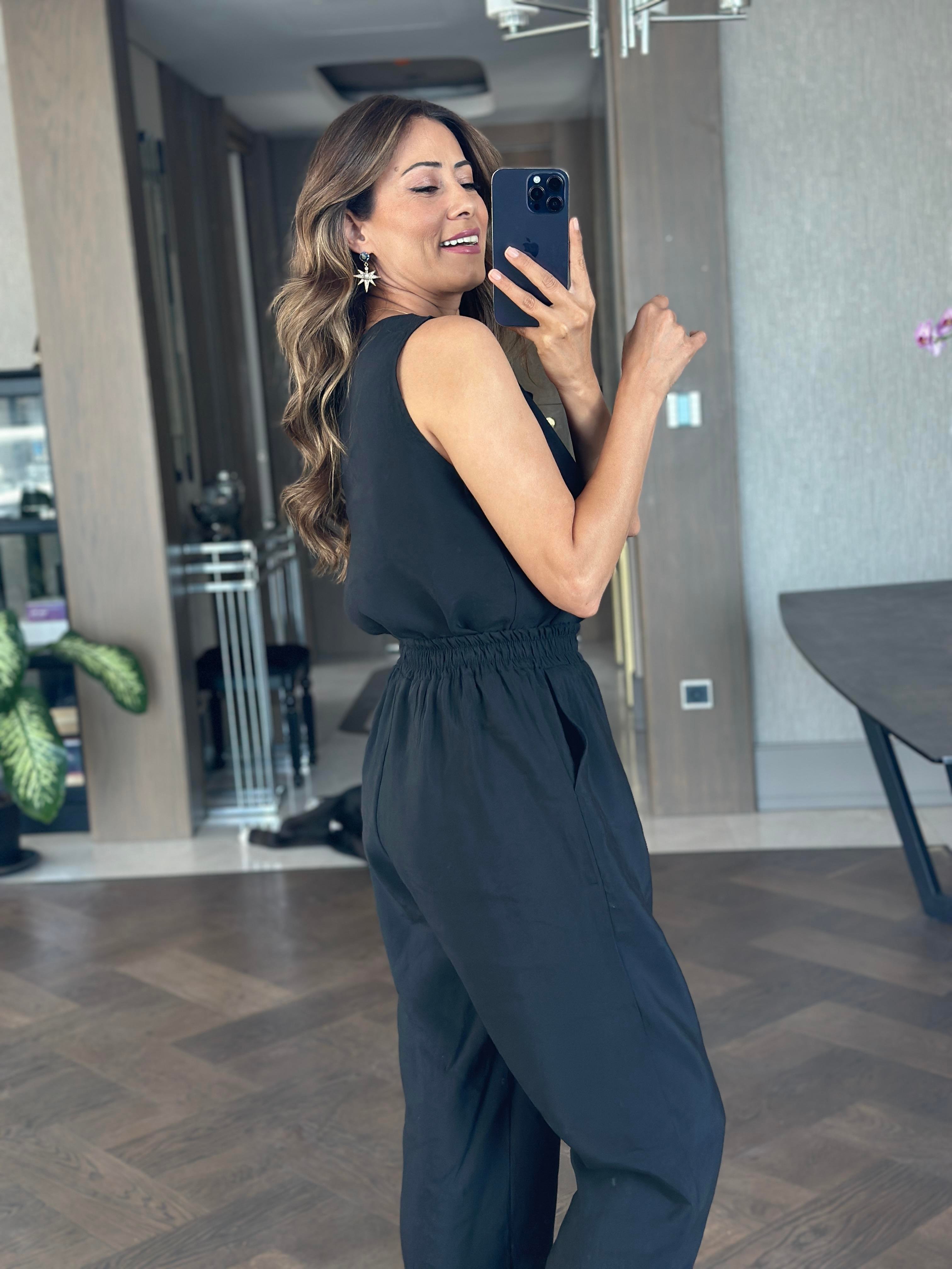 Siyah Bisiklet Yaka Sıfır Kol Bluz Pantolon Tnsl Alt Üst Takım