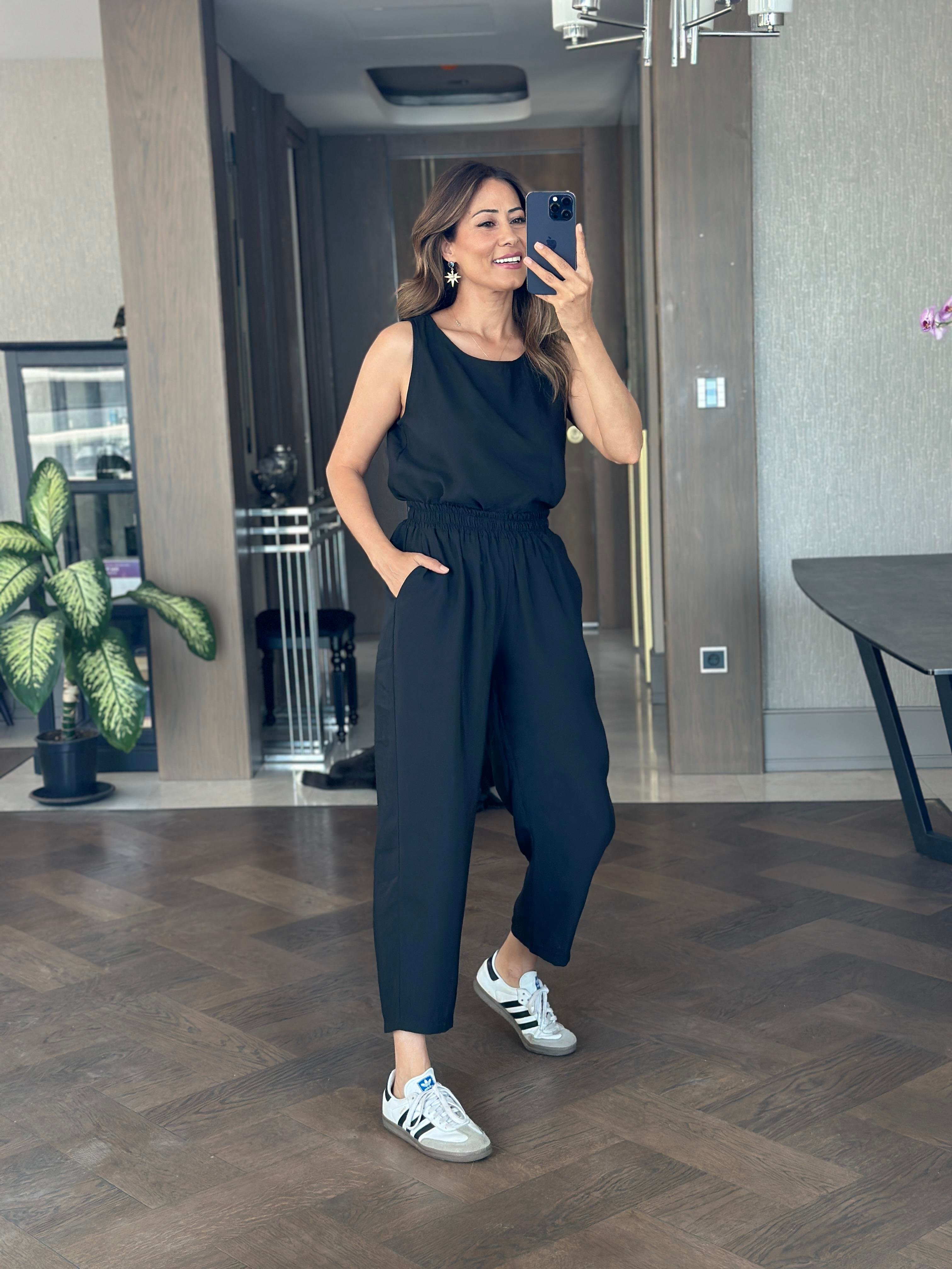 Siyah Bisiklet Yaka Sıfır Kol Bluz Pantolon Tnsl Alt Üst Takım