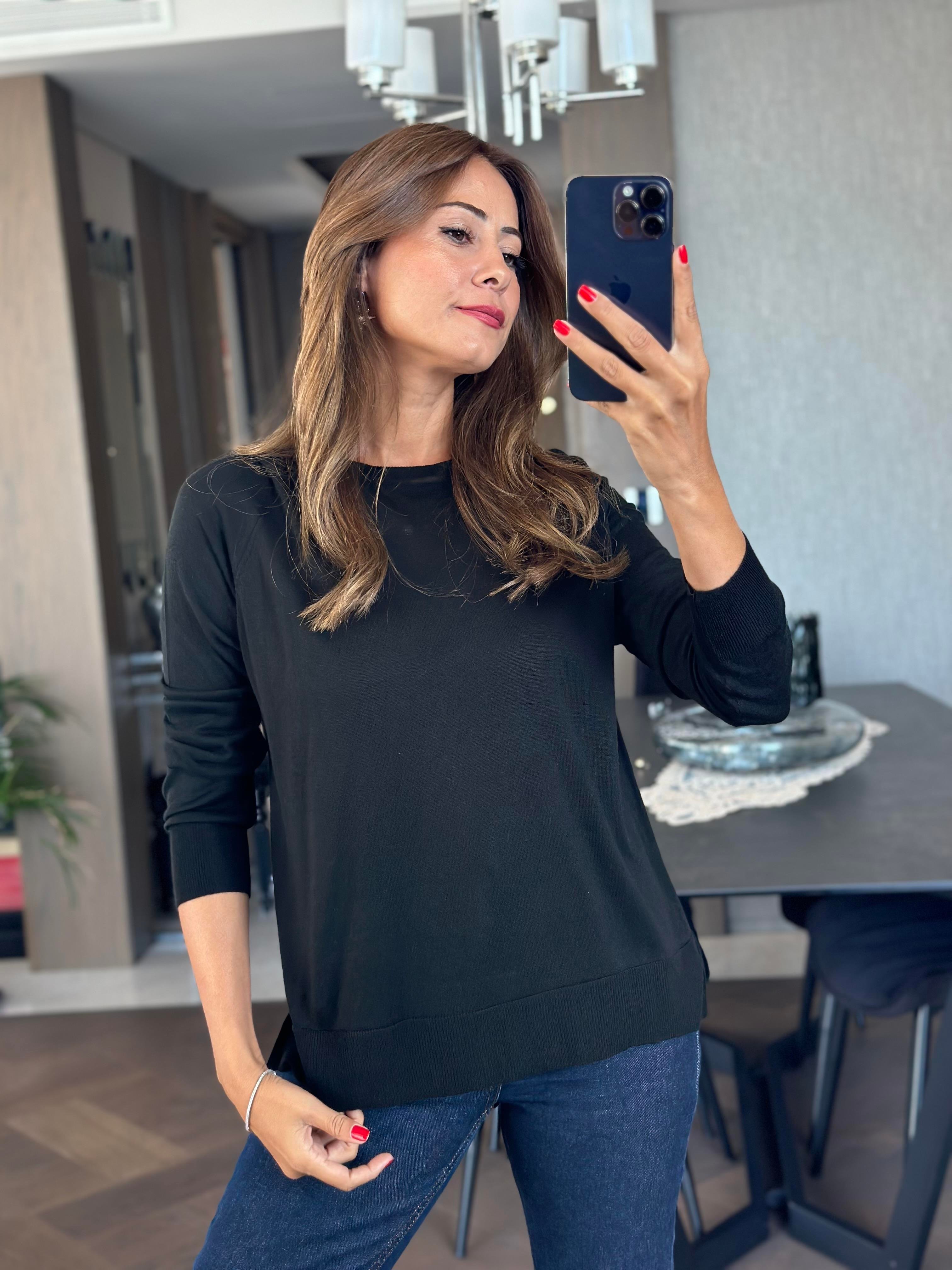 Siyah Bisiklet Yaka Uzun Kol Dlvn Düz Merserize Kadın Bluz