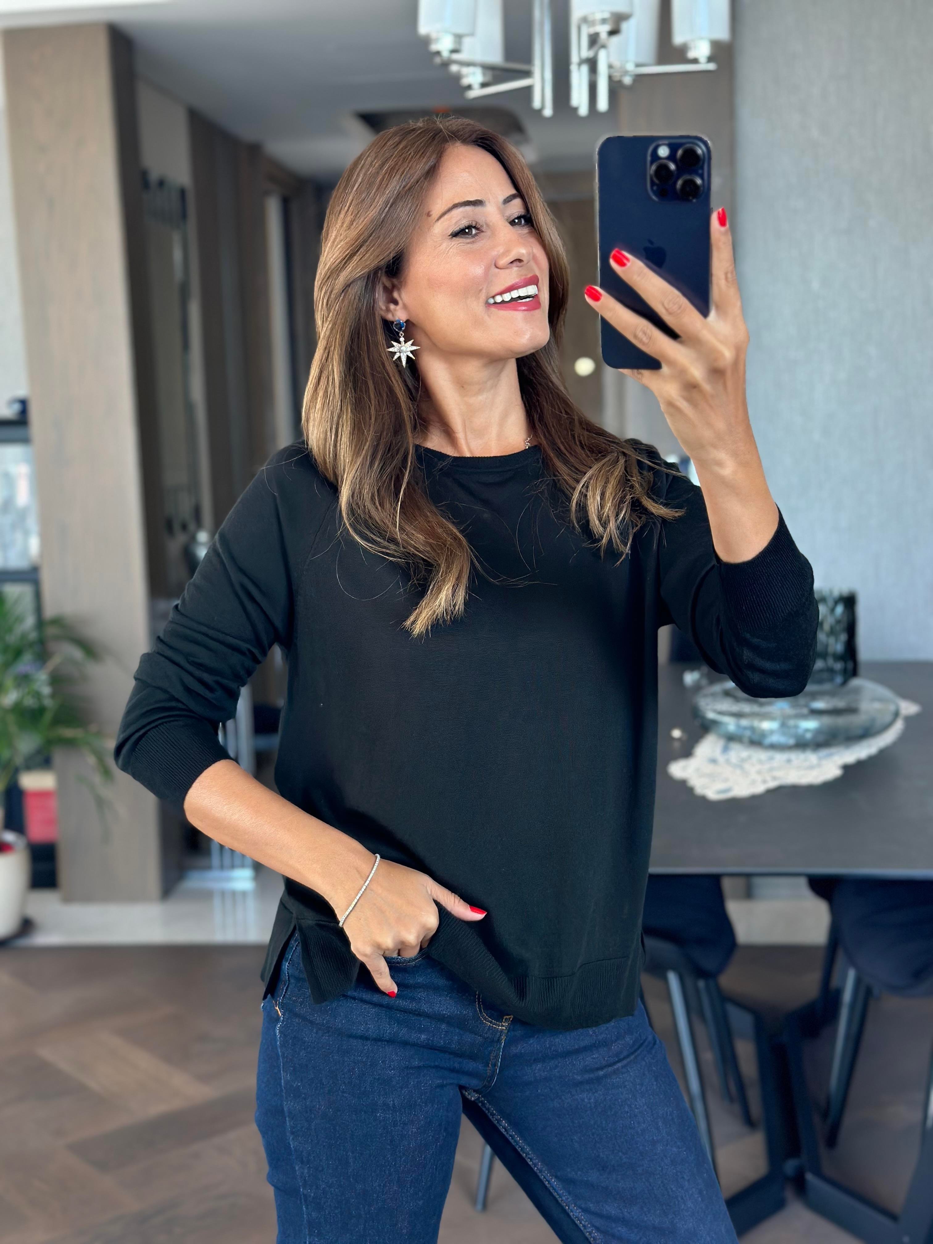 Siyah Bisiklet Yaka Uzun Kol Dlvn Düz Merserize Kadın Bluz