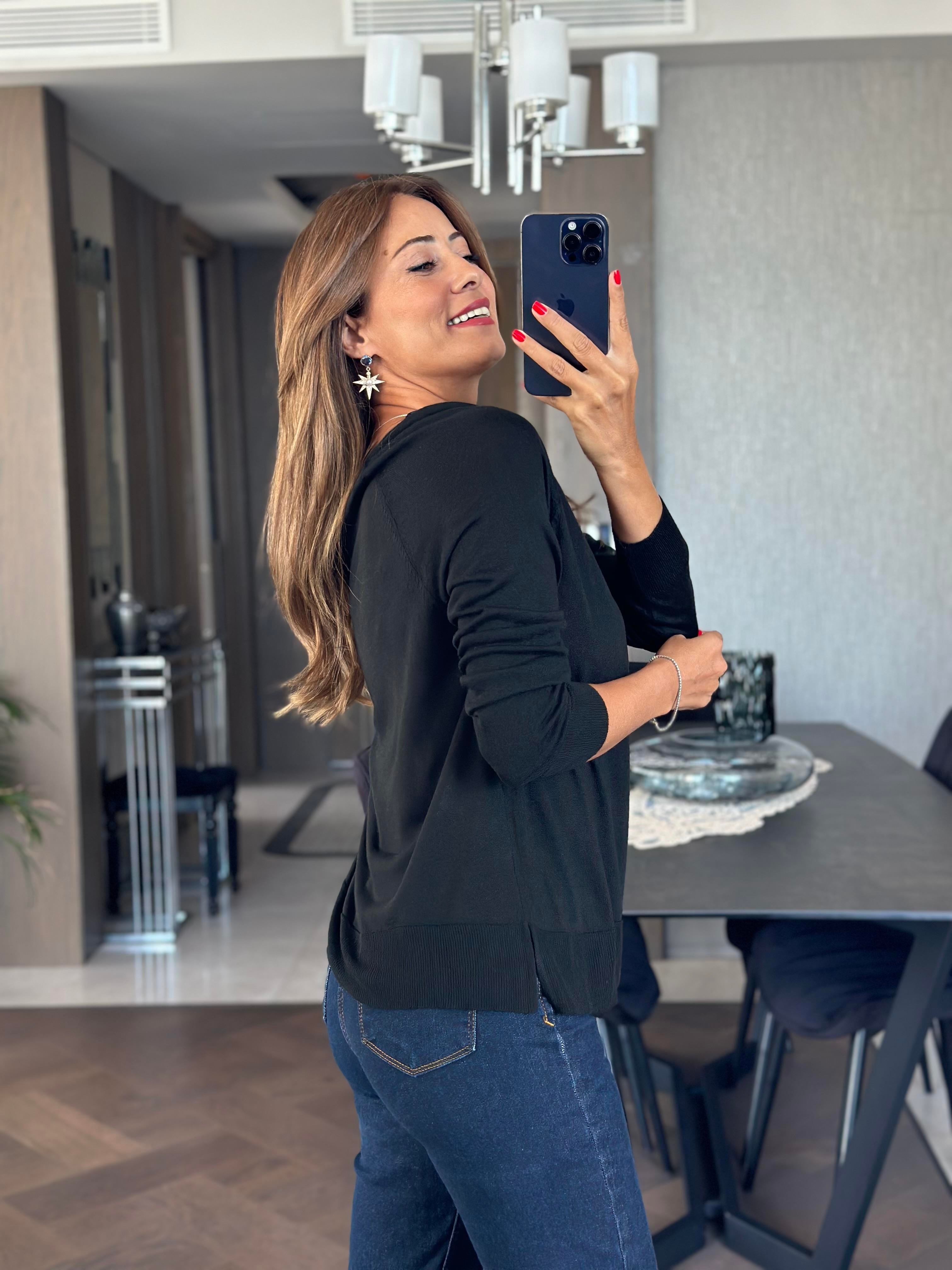 Siyah Bisiklet Yaka Uzun Kol Dlvn Düz Merserize Kadın Bluz