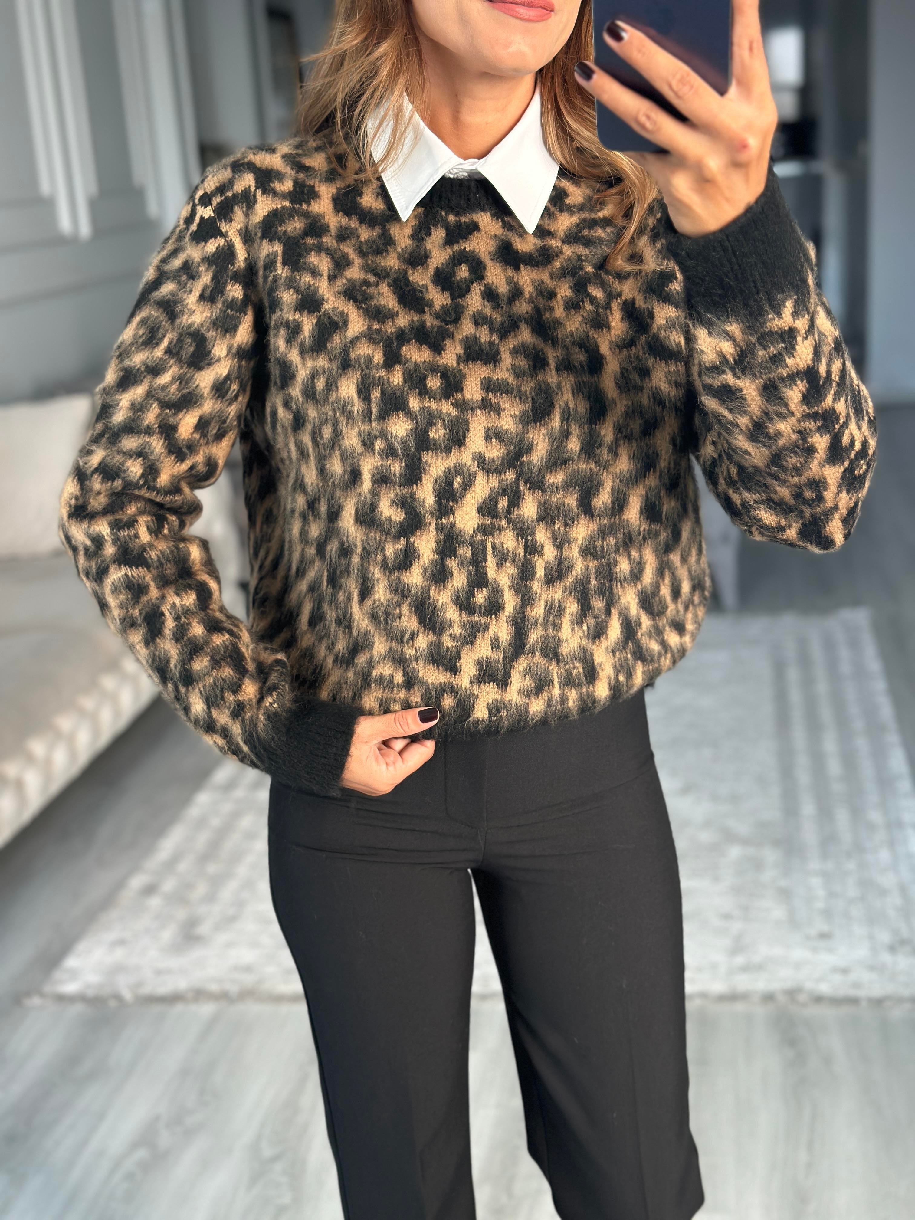 Siyah Camel Leopar Desen Bisiklet Yaka Kadın Triko Kazak