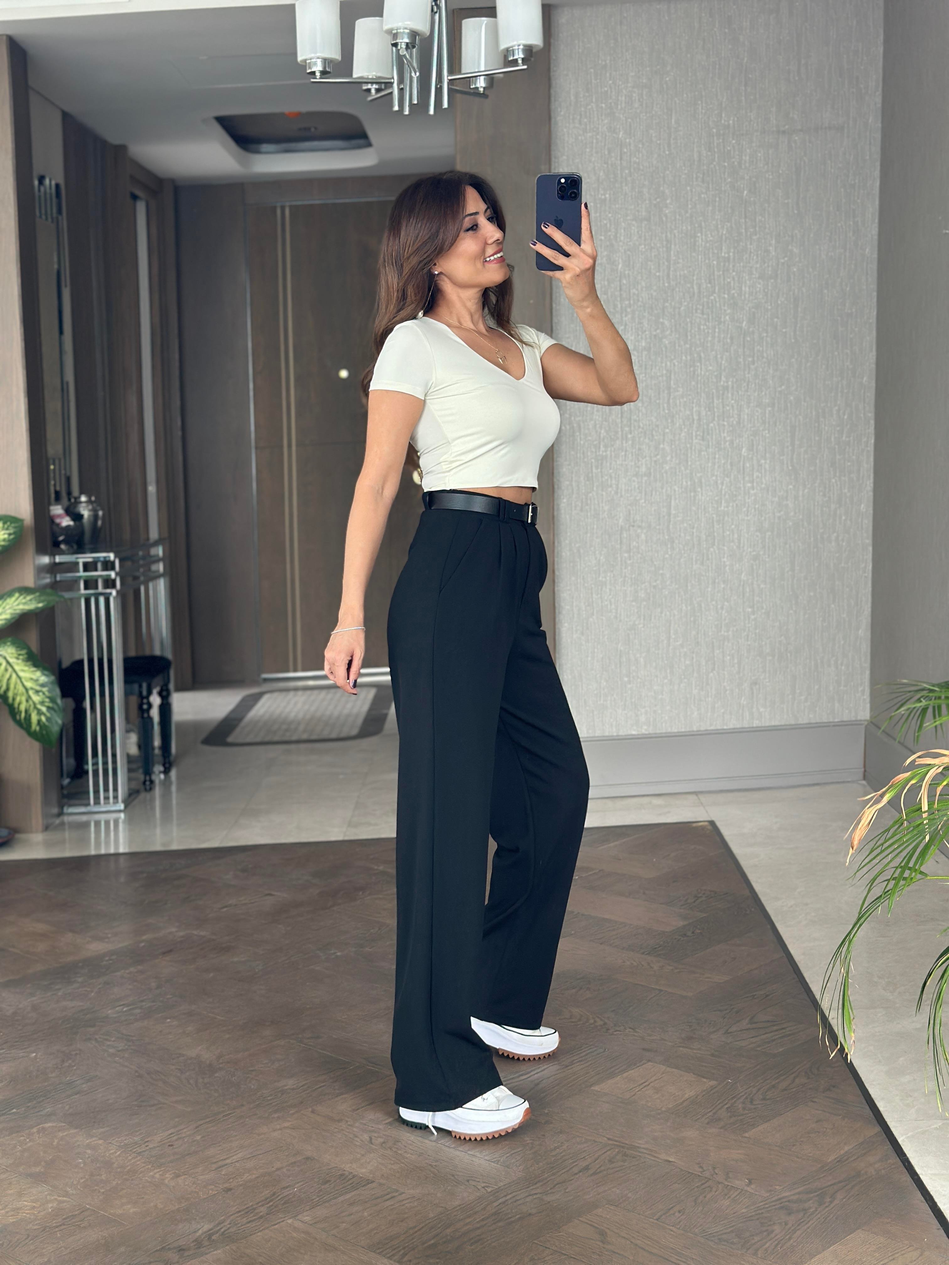 Siyah Çift Pileli Kemerli Likralı Krep Kadın Pantolon