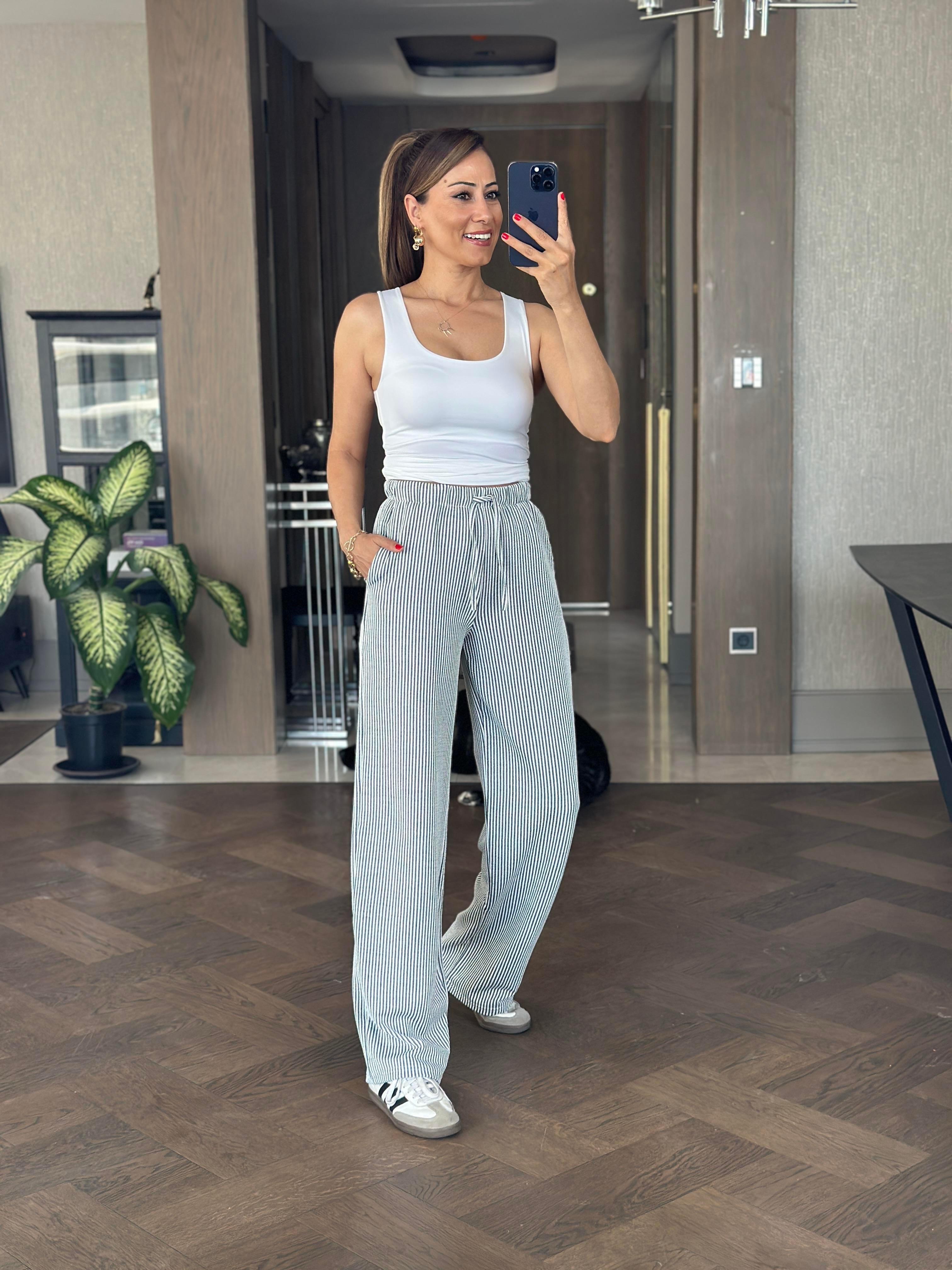 Siyah Çizgili Melanj Beli Lastikli Kadın Pantolon