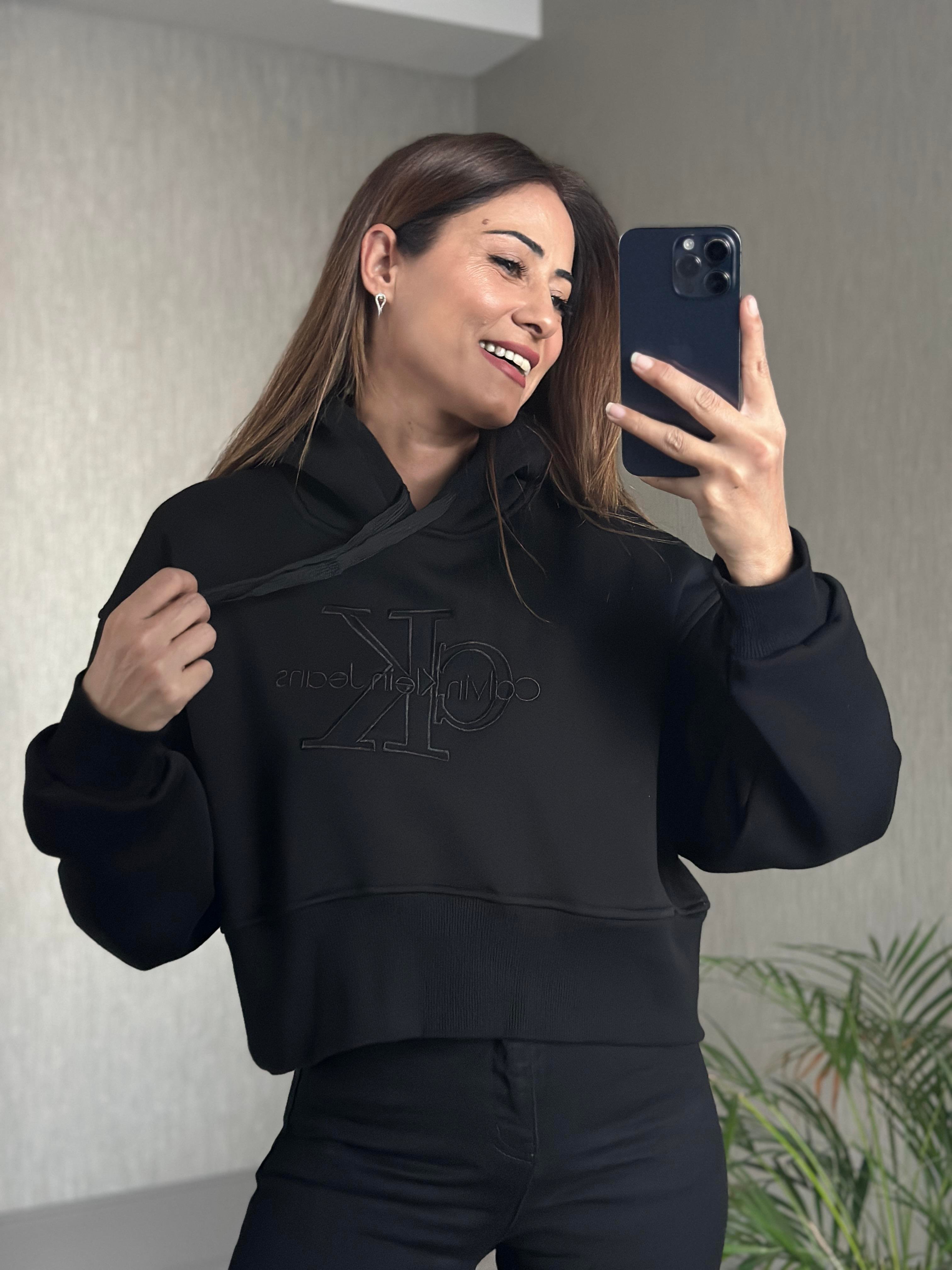 Siyah Ck Model Kapüşonlu Kadın Sweatshirt