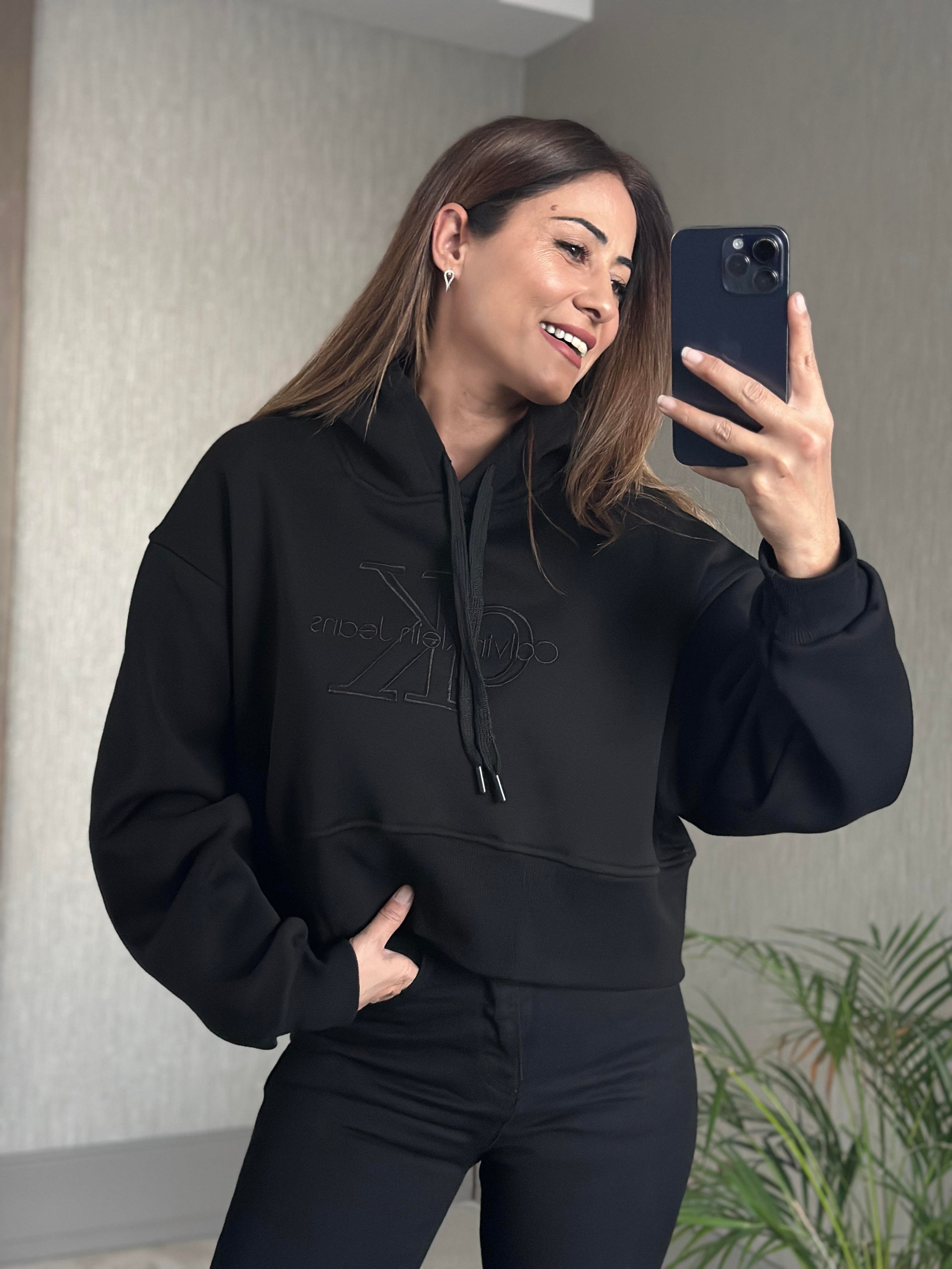 Siyah Ck Model Kapüşonlu Kadın Sweatshirt