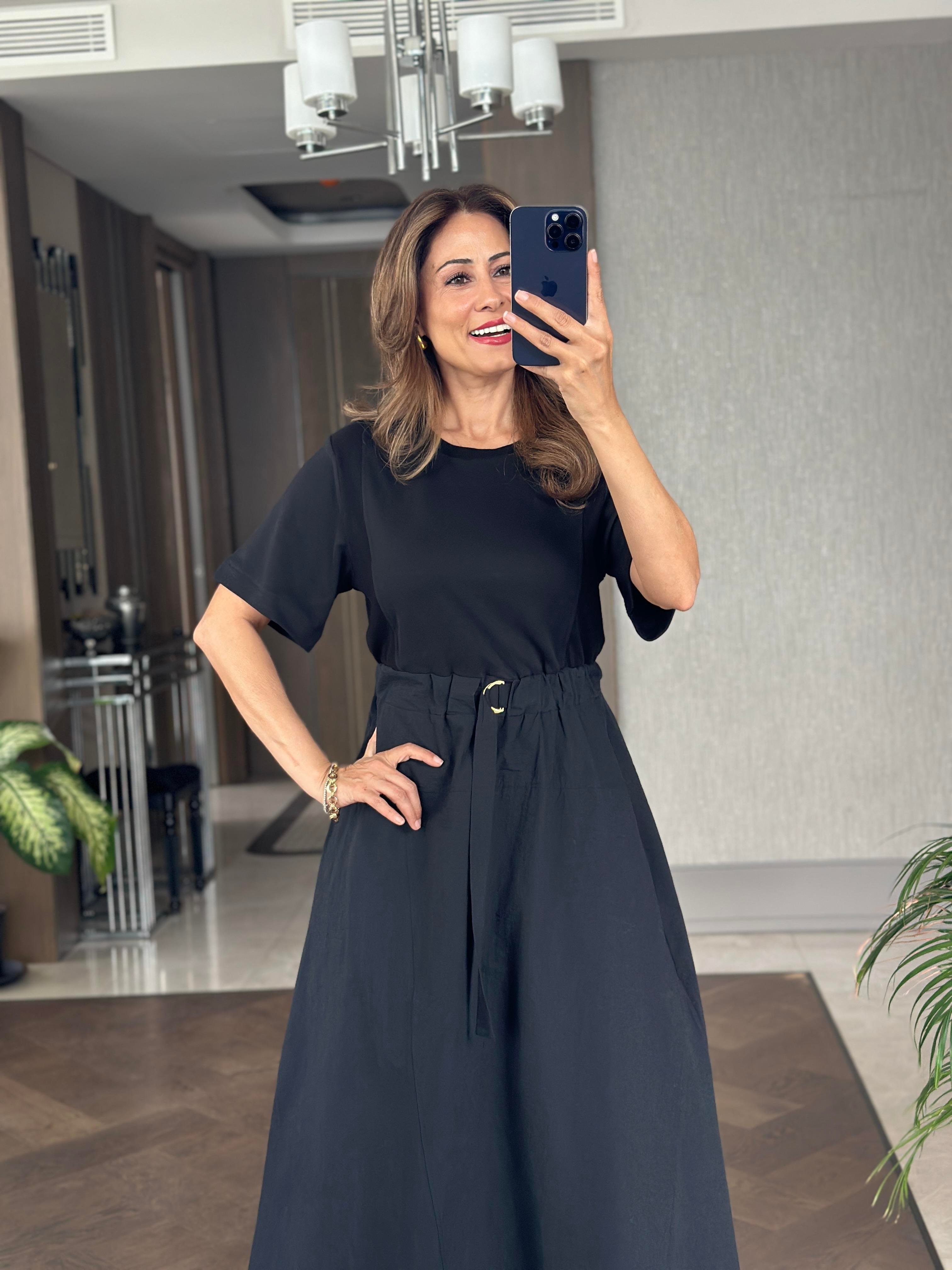 Siyah D Tokalı Garnili Kısa Kol Maksi Boy Kadın Elbise 