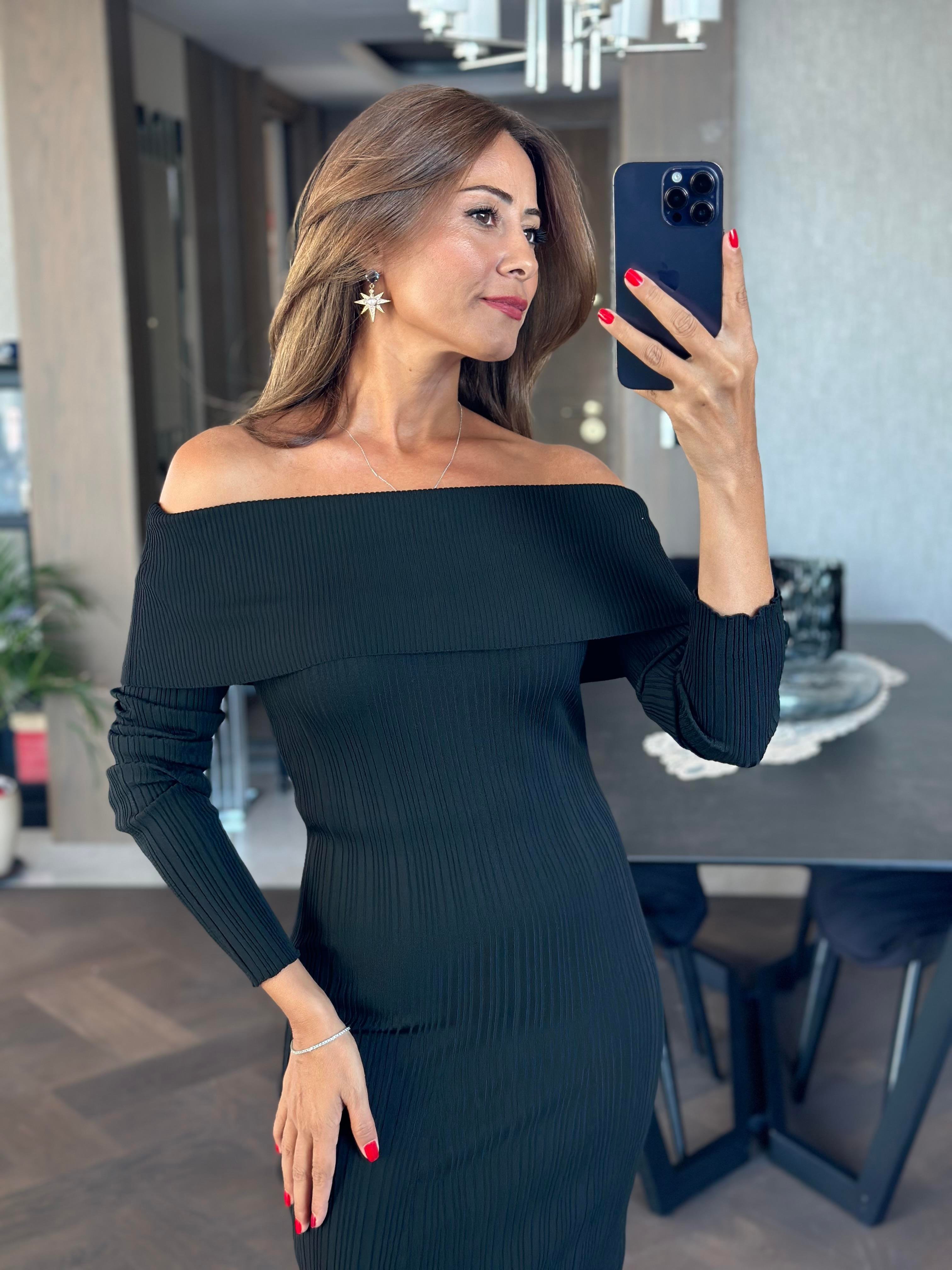 Siyah Degaje Yaka Fitilli Kadın Triko Elbise