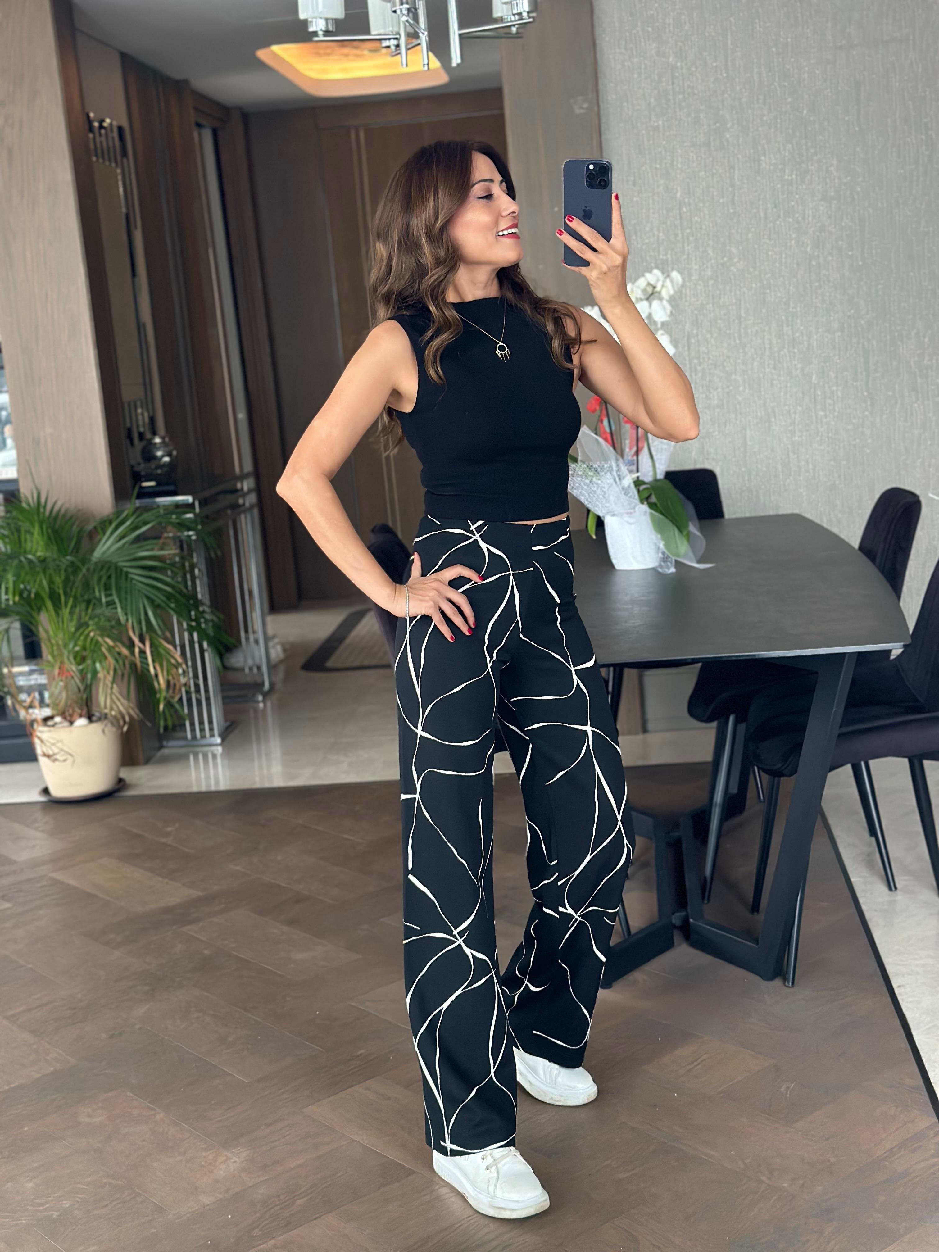 Siyah Desenli Beli Lastikli Bürümcük Kadın Pantolon