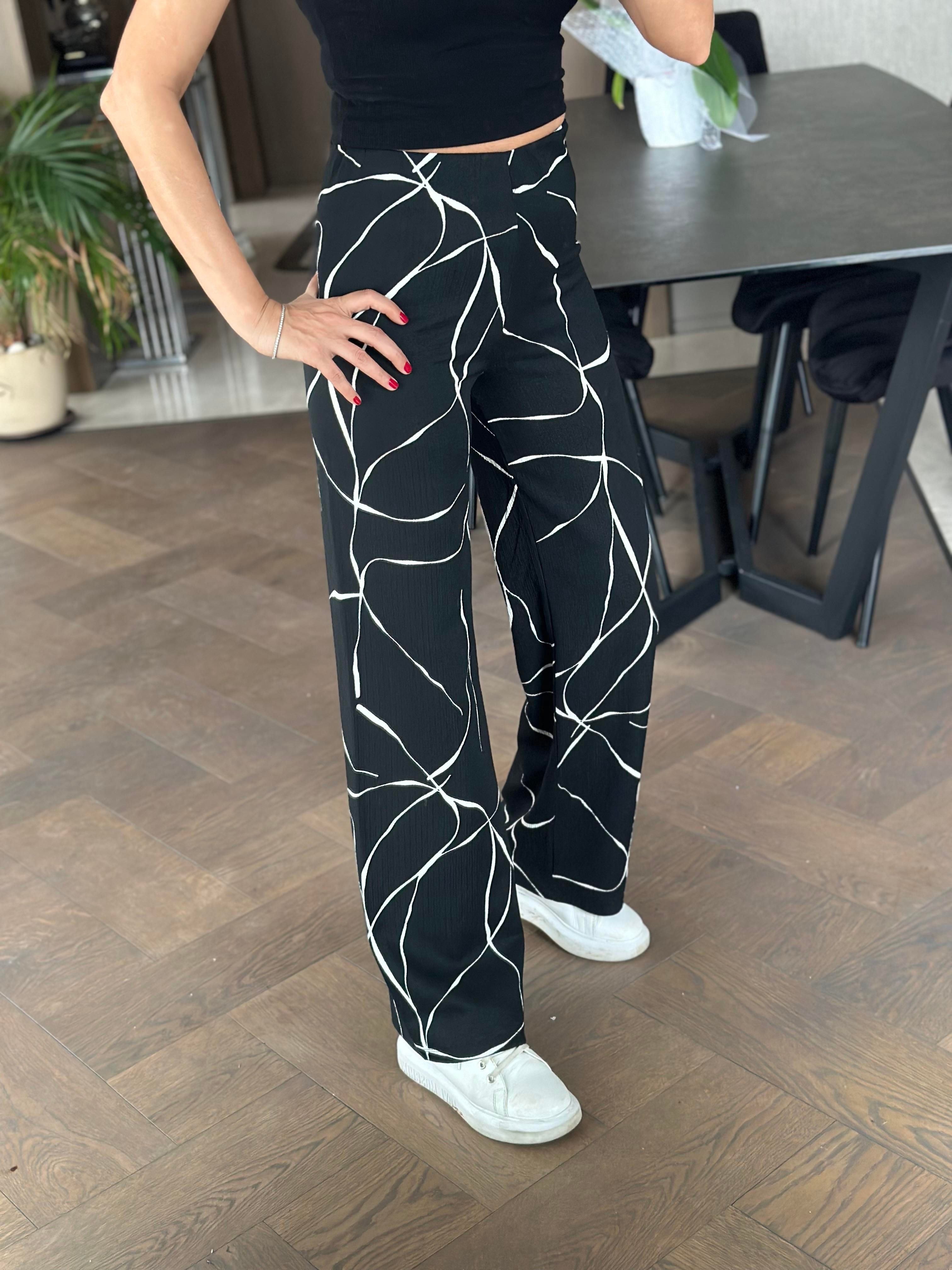 Siyah Desenli Beli Lastikli Bürümcük Kadın Pantolon