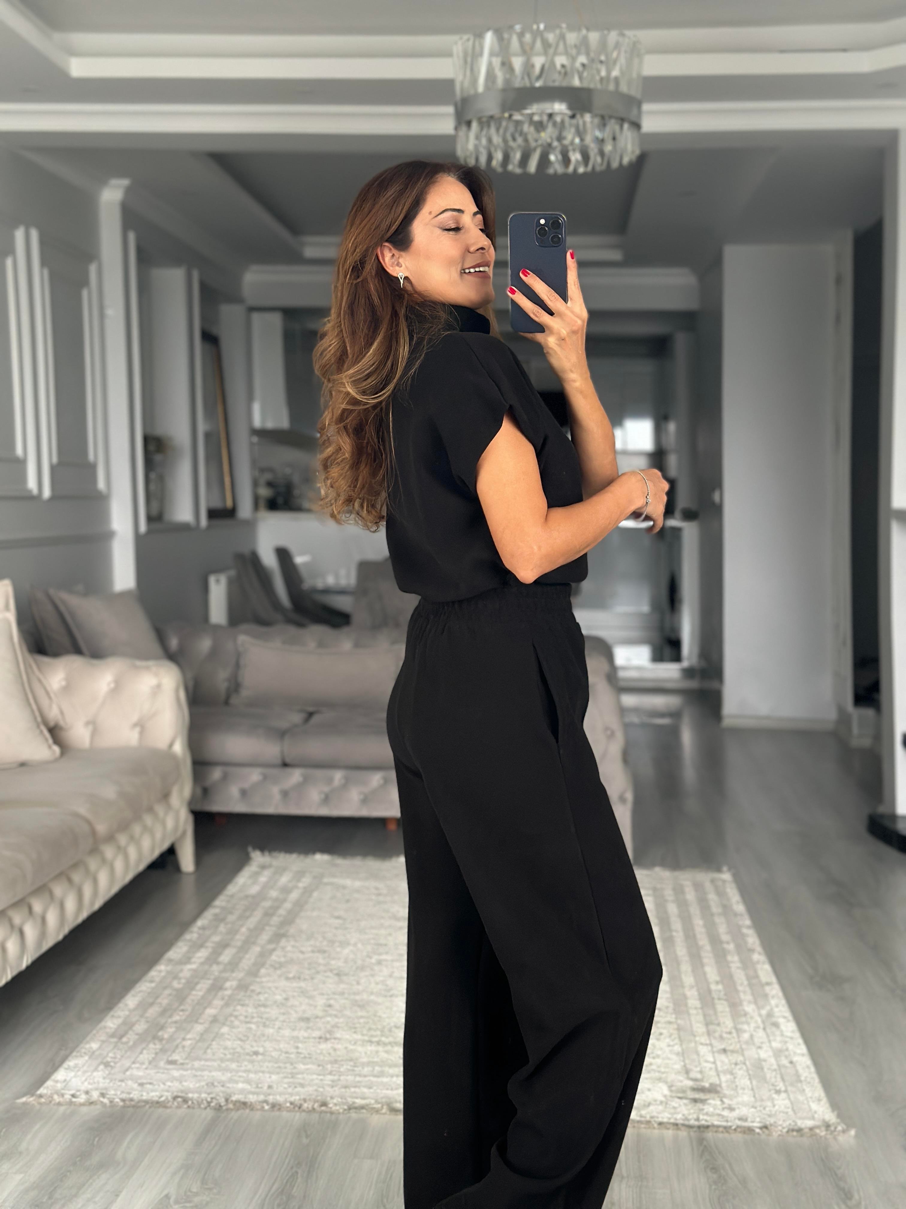 Siyah Dik Yaka Kolsuz Bluz Pantolon Kadın İkili Takım