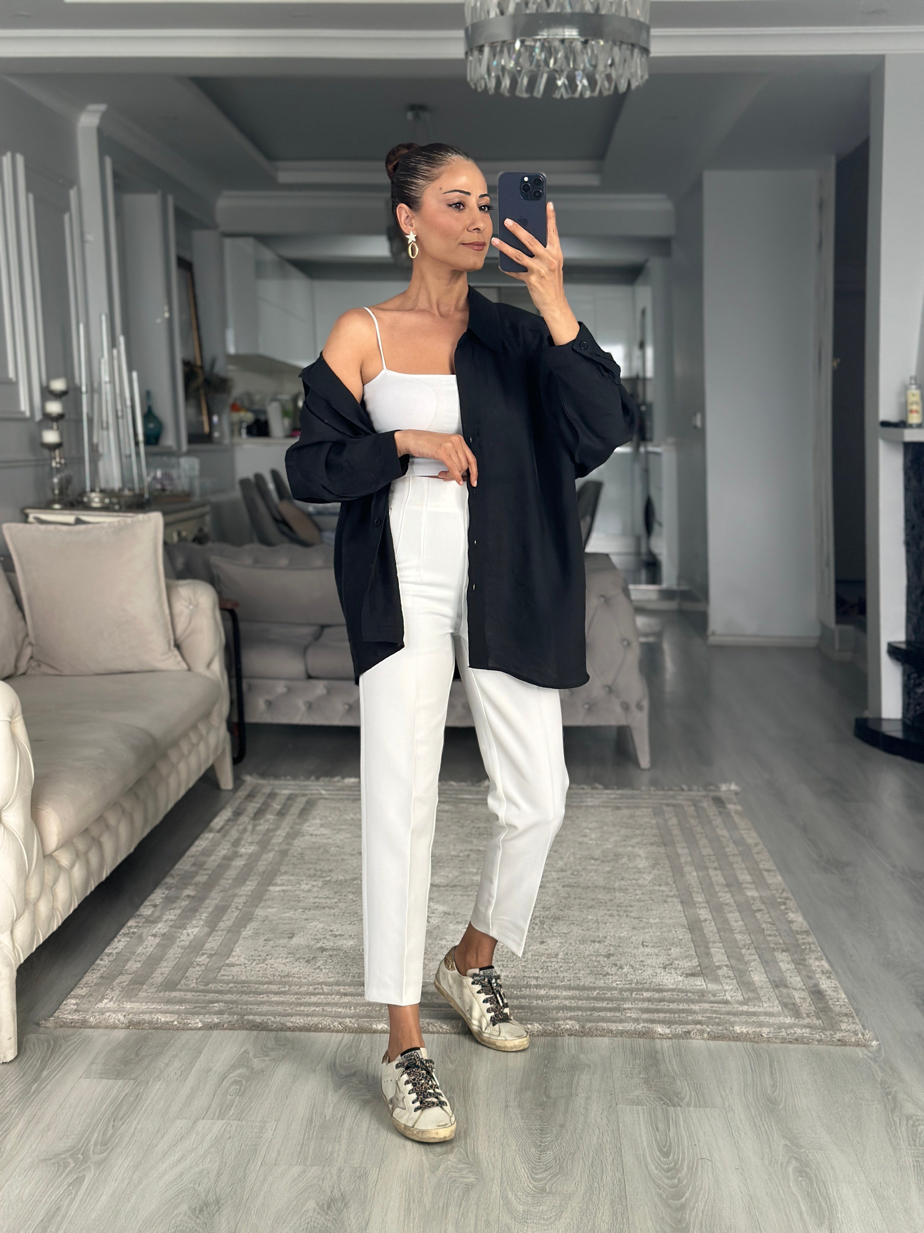 Siyah Düşük Omuzlu Oversize Kadın Gömlek
