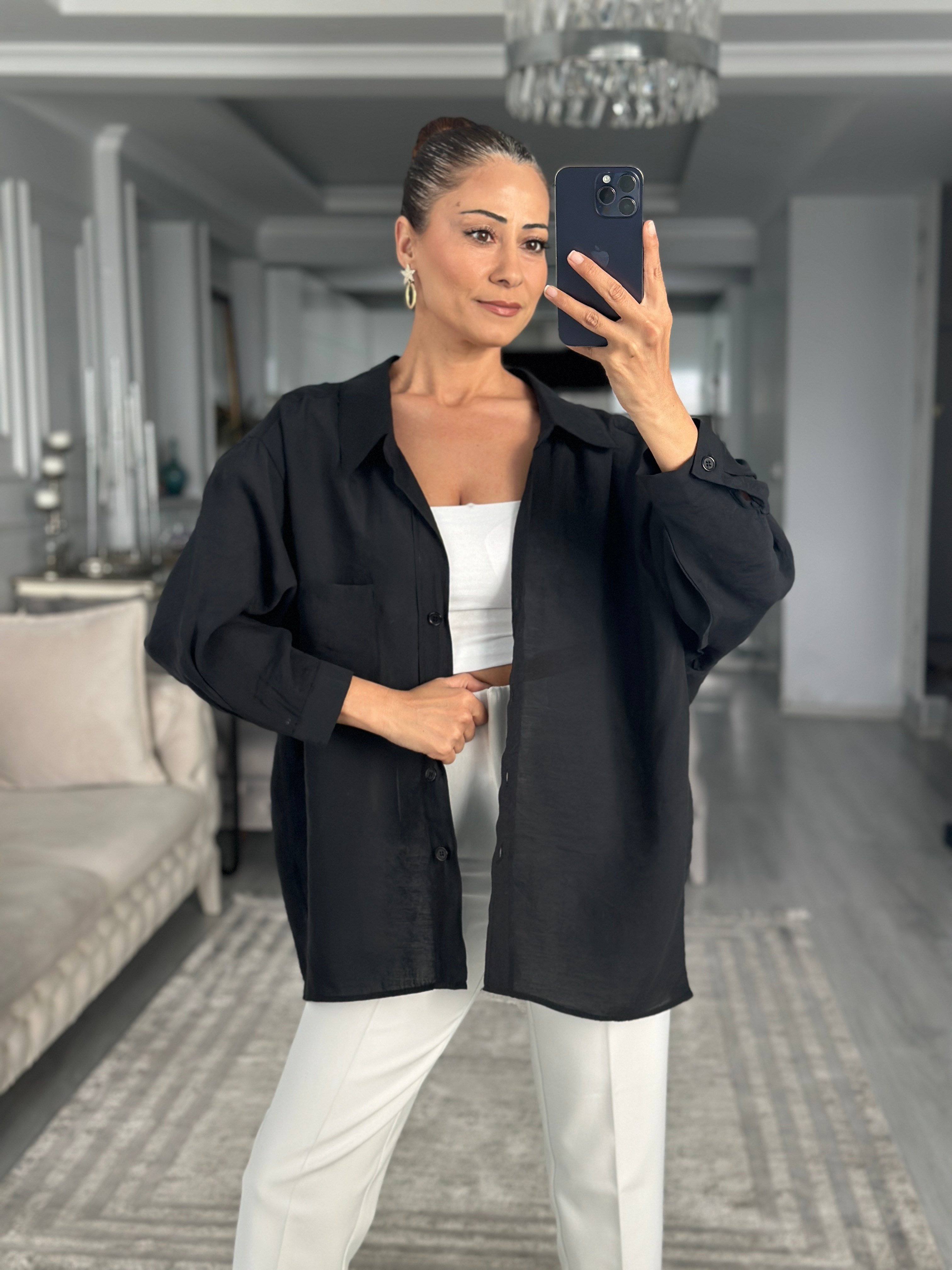 Siyah Düşük Omuzlu Oversize Kadın Gömlek