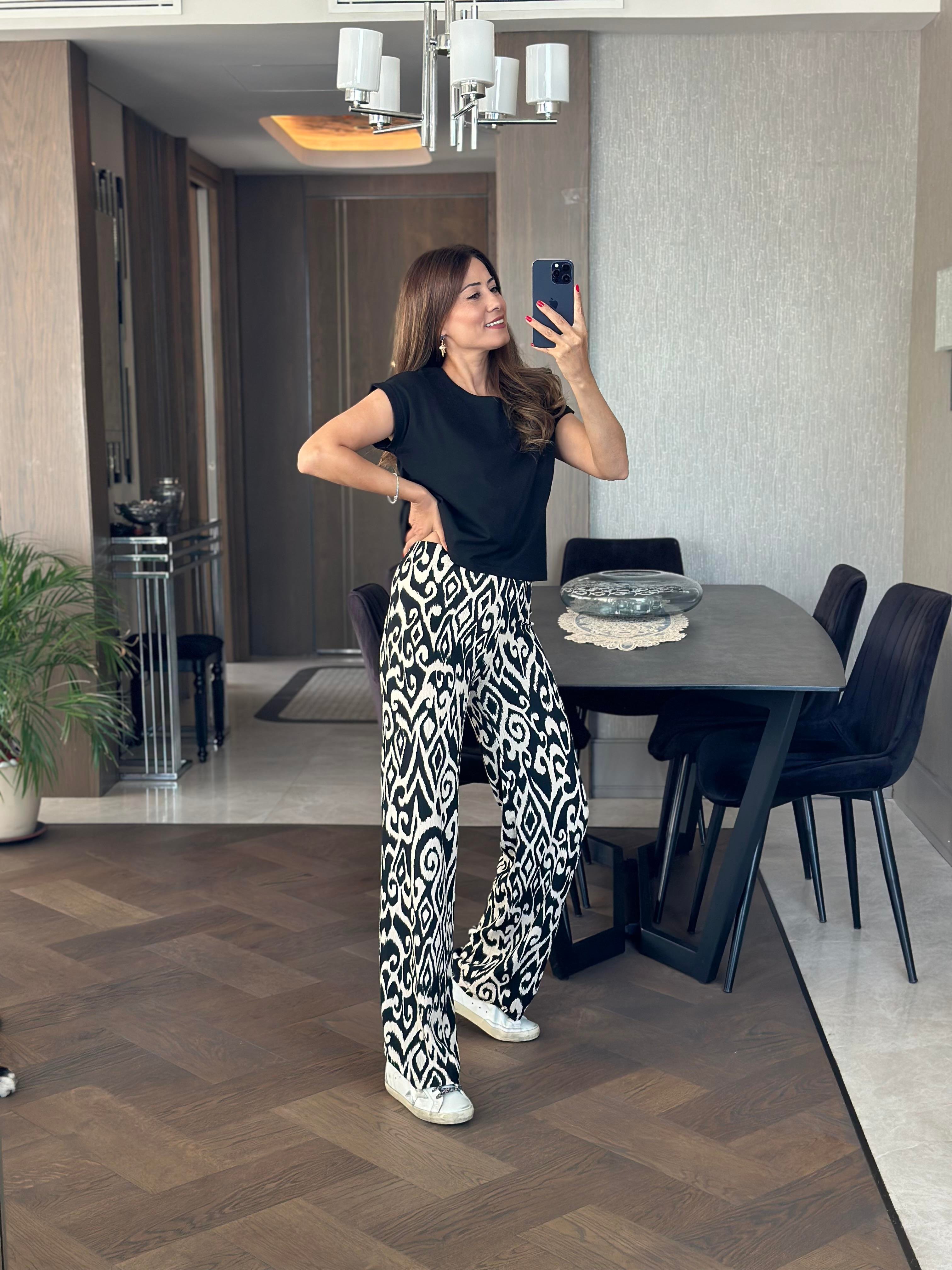 Siyah Ekru Geometrik Desenli Beli Lastikli Bürümcük Kadın Pantolon