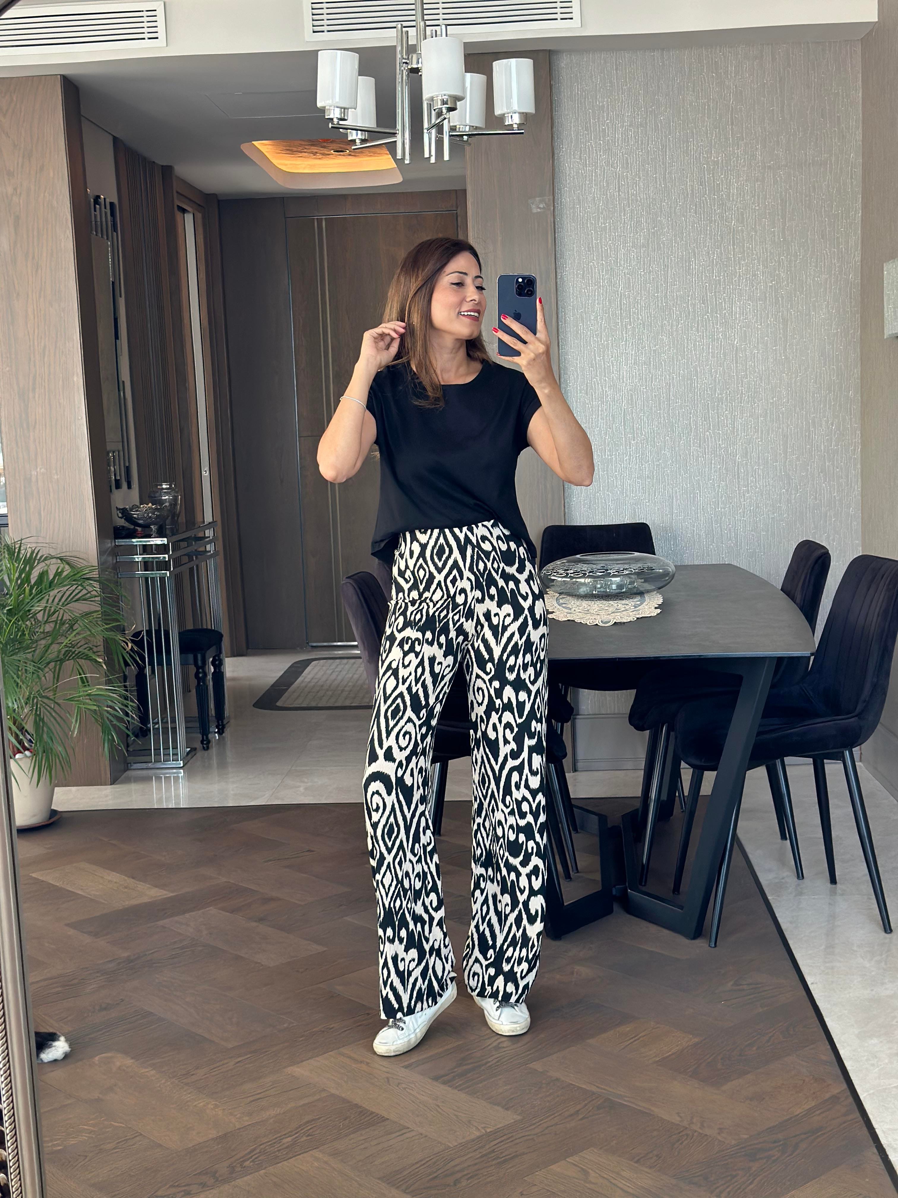 Siyah Ekru Geometrik Desenli Beli Lastikli Bürümcük Kadın Pantolon