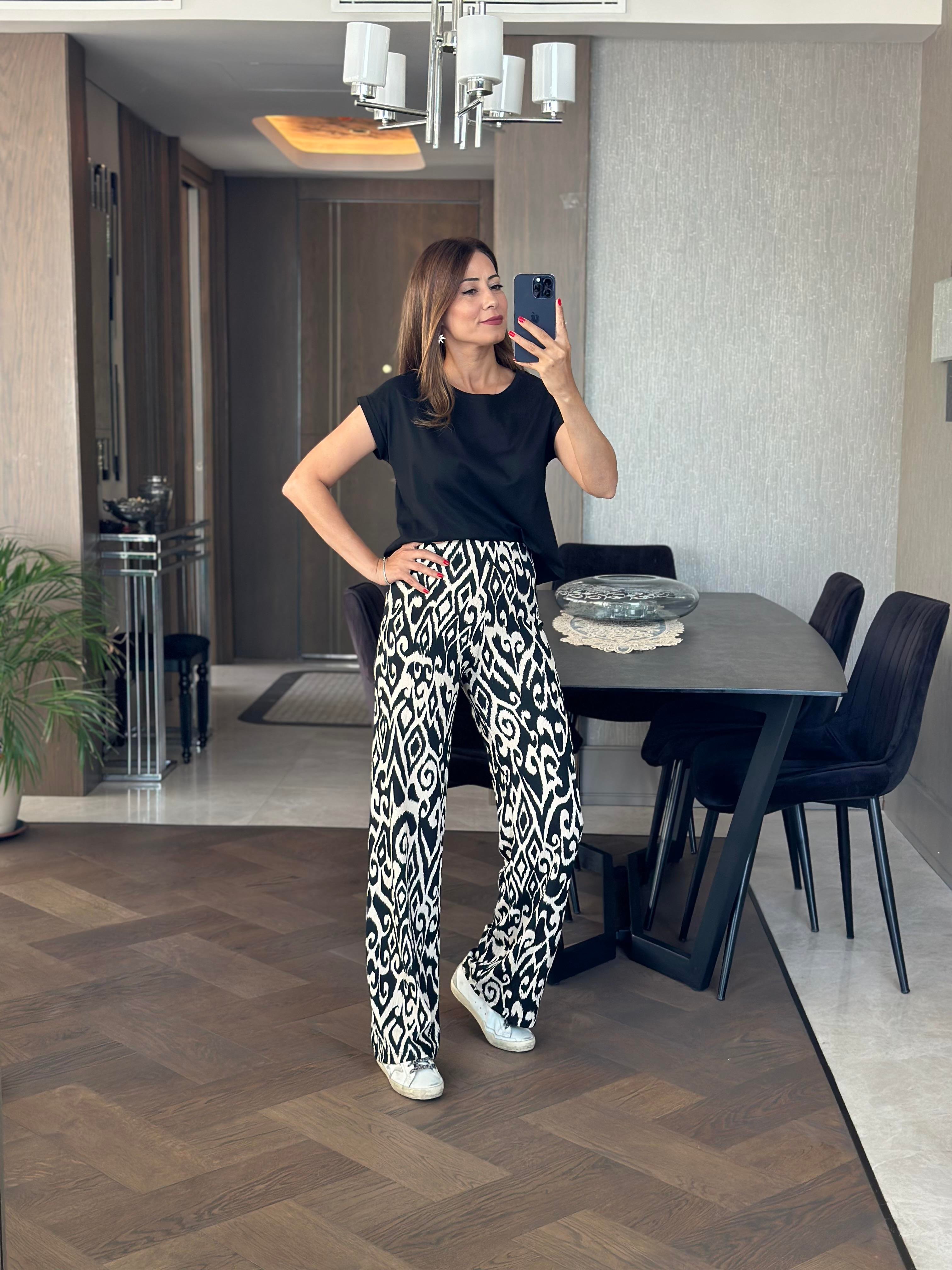 Siyah Ekru Geometrik Desenli Beli Lastikli Bürümcük Kadın Pantolon