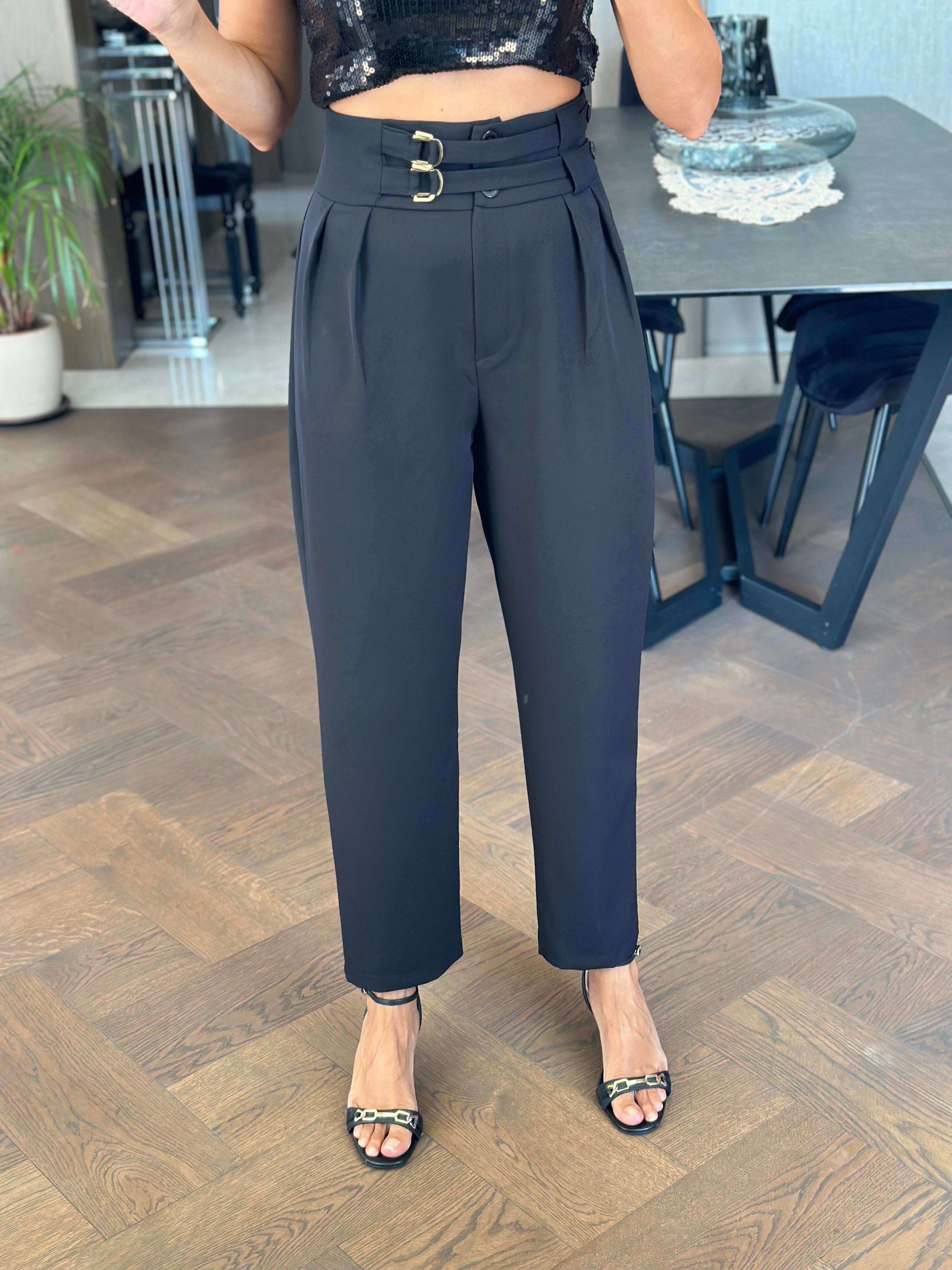 Siyah Ekstra Yüksek Bel Tokalı Marka Model Kadın Pantolon