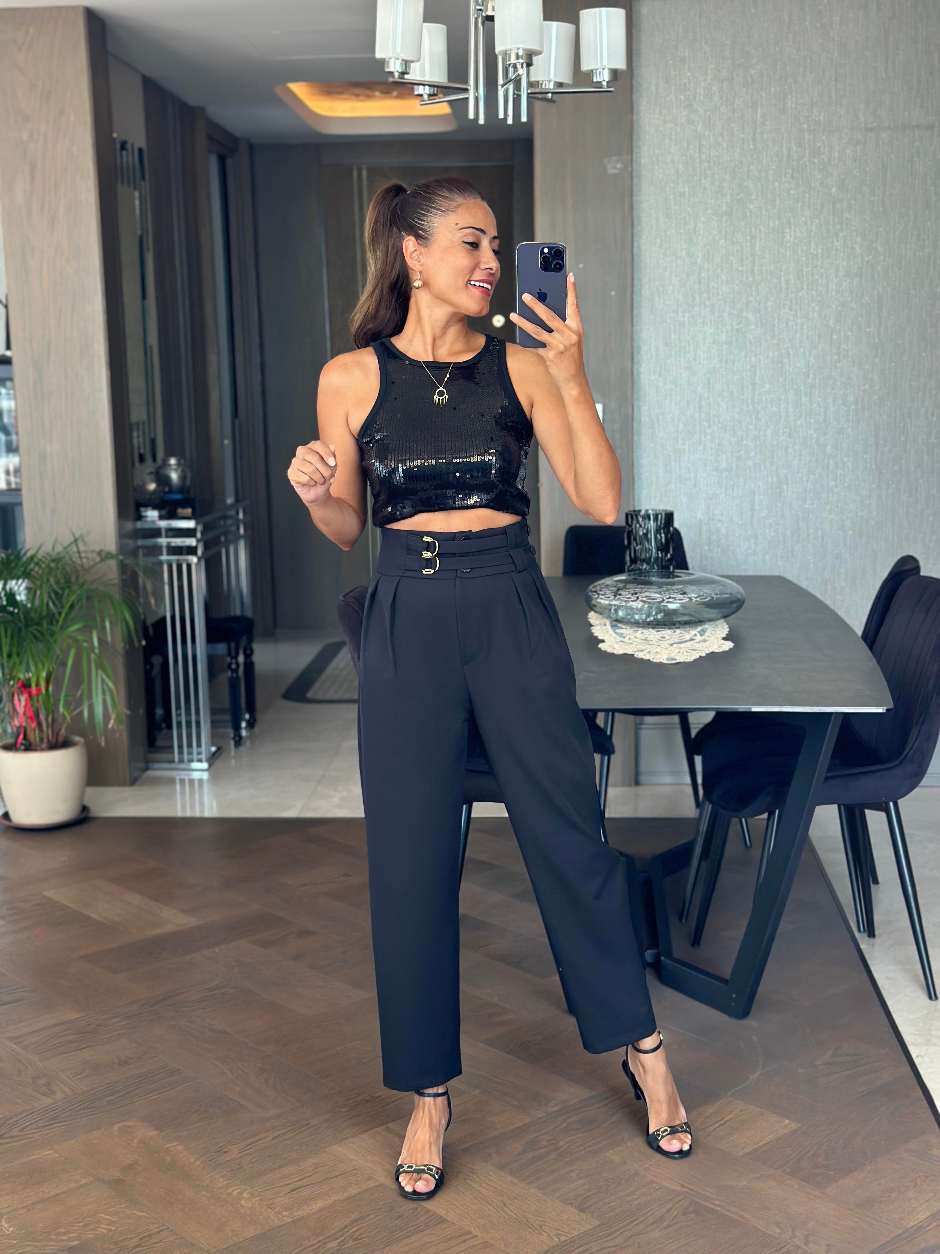 Siyah Ekstra Yüksek Bel Tokalı Marka Model Kadın Pantolon