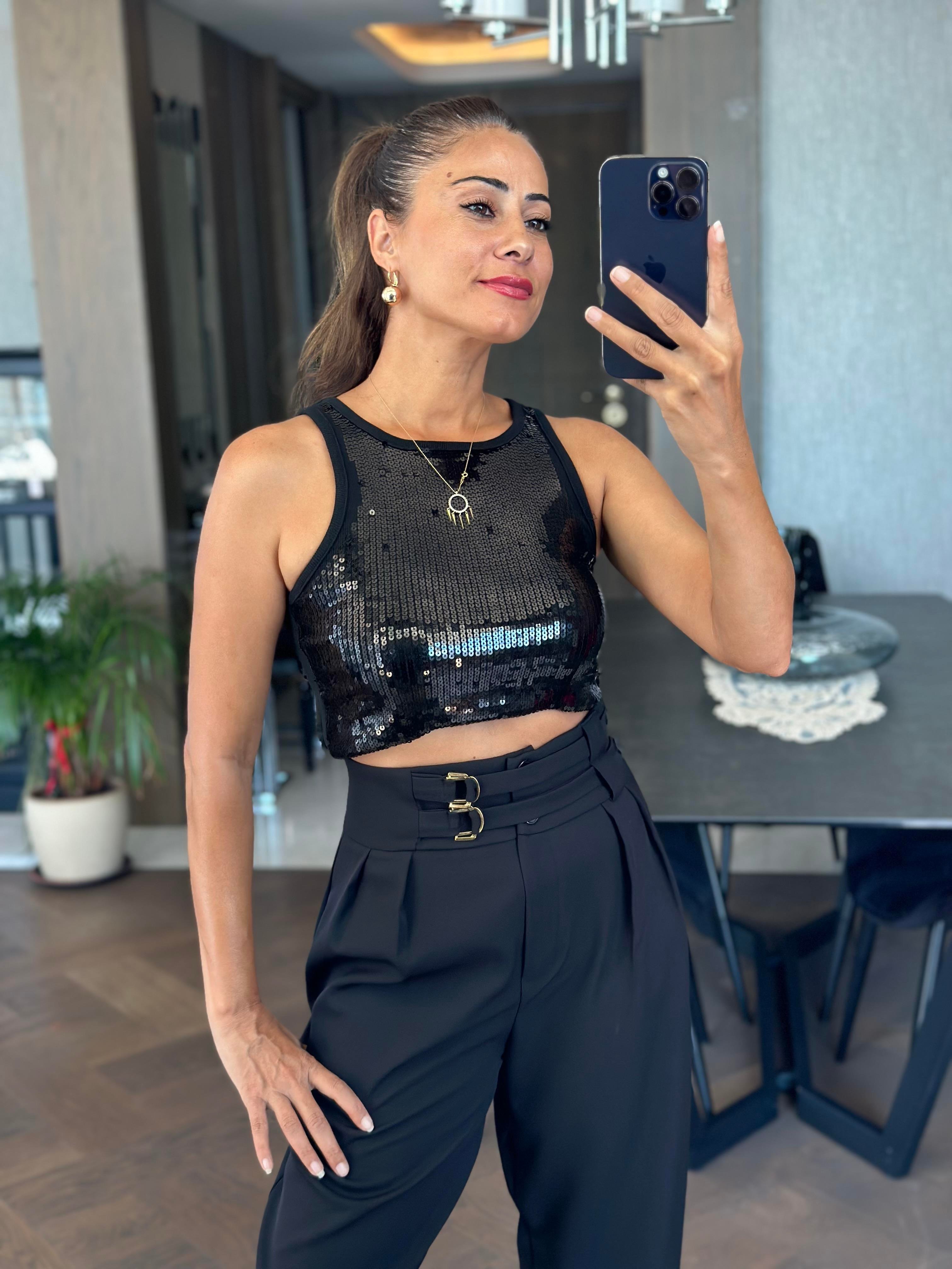 Siyah Ekstra Yüksek Bel Tokalı Marka Model Kadın Pantolon